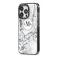 Marble Initials Circle Personalised iPhone 13 Pro Black Impact Case Side Angle on Silver phone