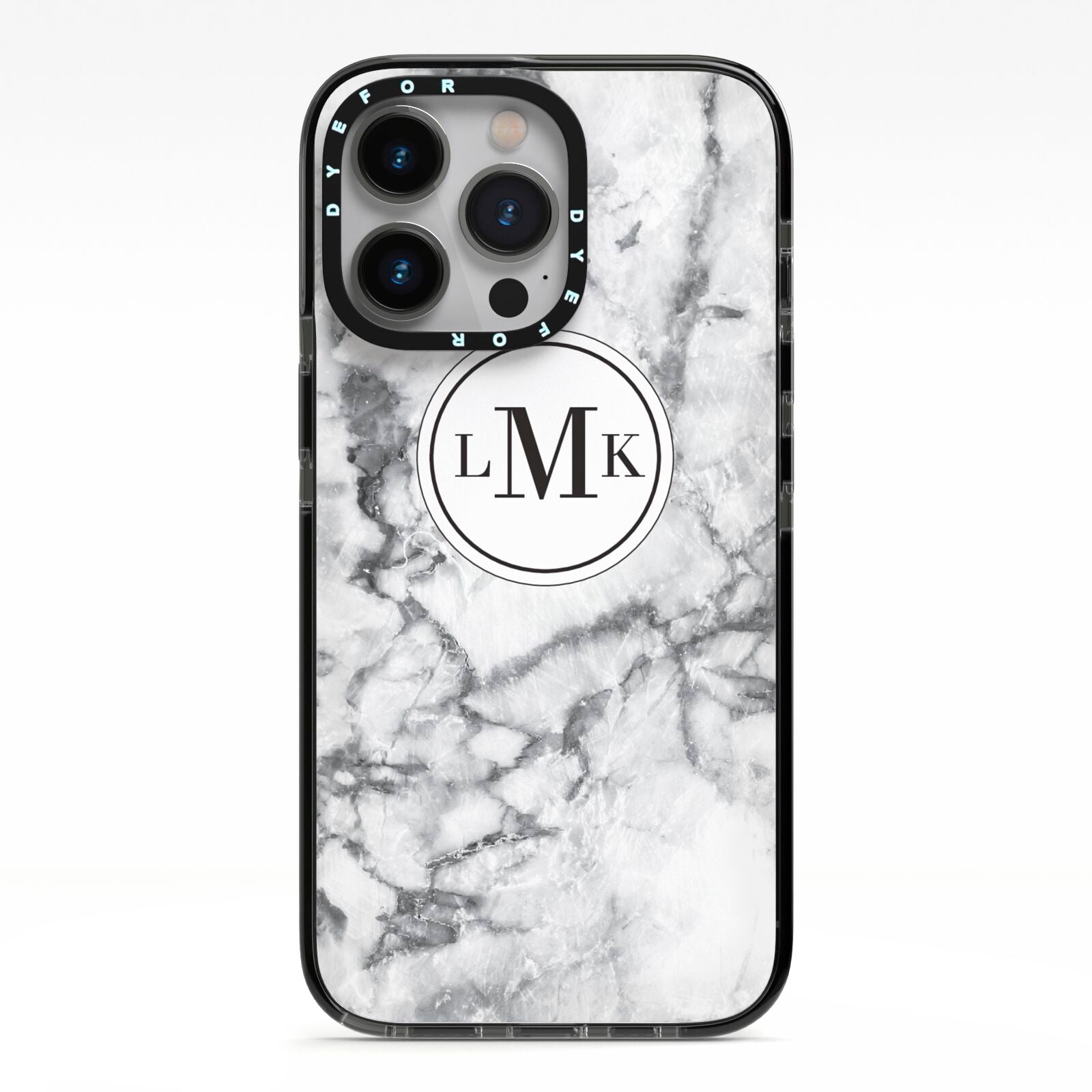 Marble Initials Circle Personalised iPhone 13 Pro Black Impact Case on Silver phone