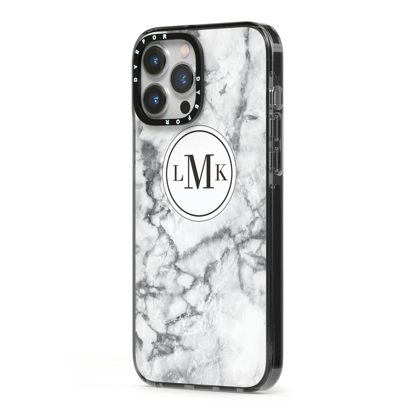 Marble Initials Circle Personalised iPhone 13 Pro Max Black Impact Case Side Angle on Silver phone