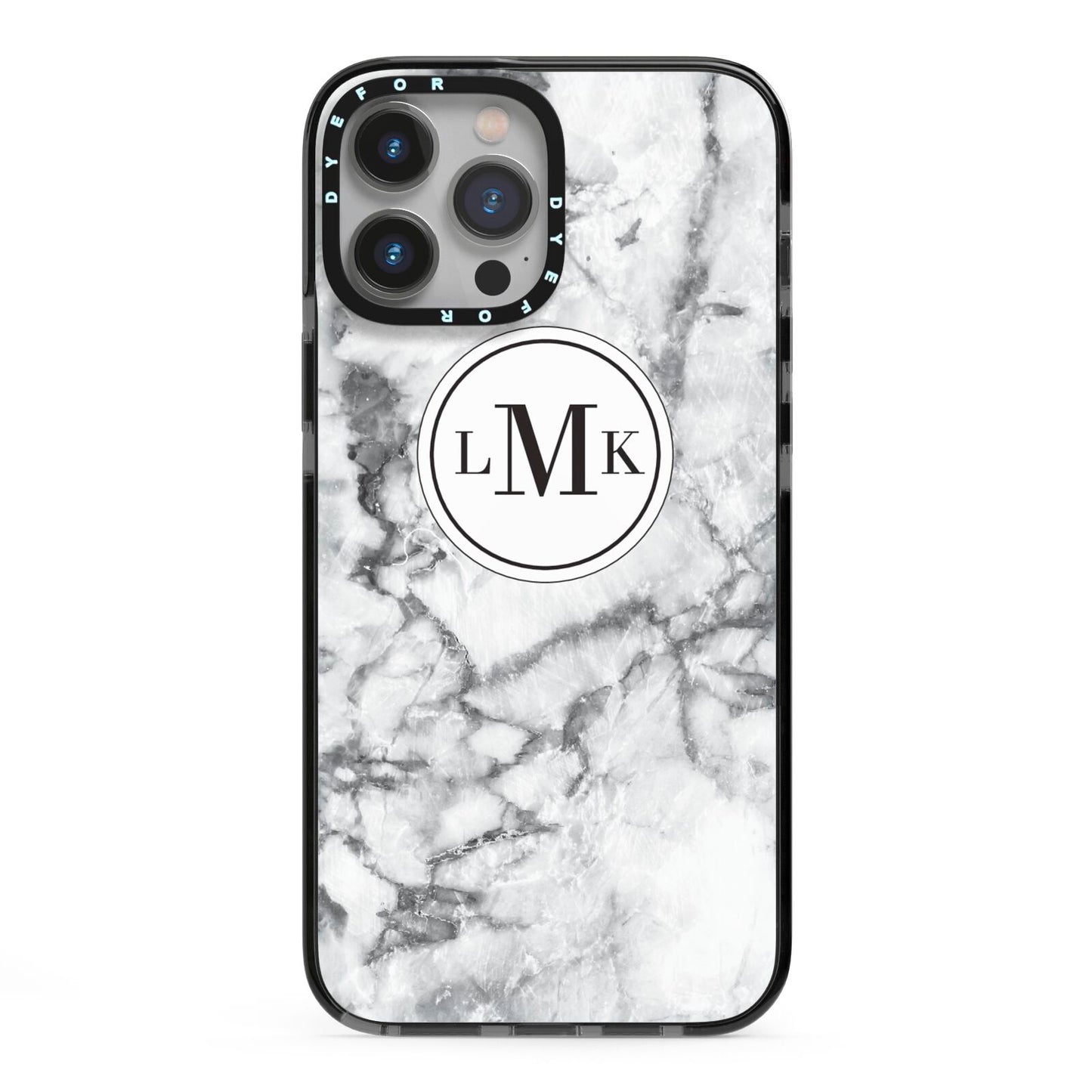 Marble Initials Circle Personalised iPhone 13 Pro Max Black Impact Case on Silver phone