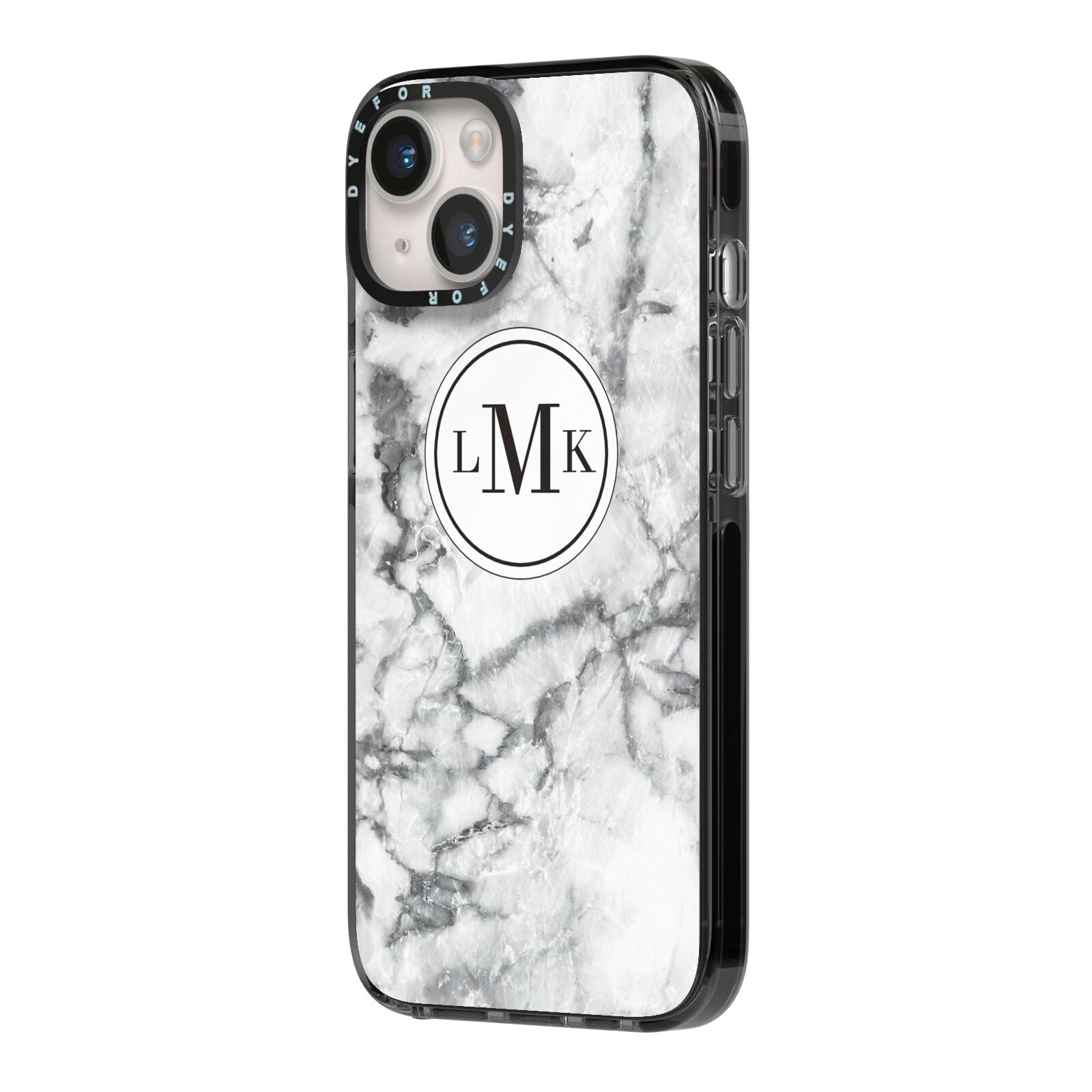 Marble Initials Circle Personalised iPhone 14 Black Impact Case Side Angle on Silver phone