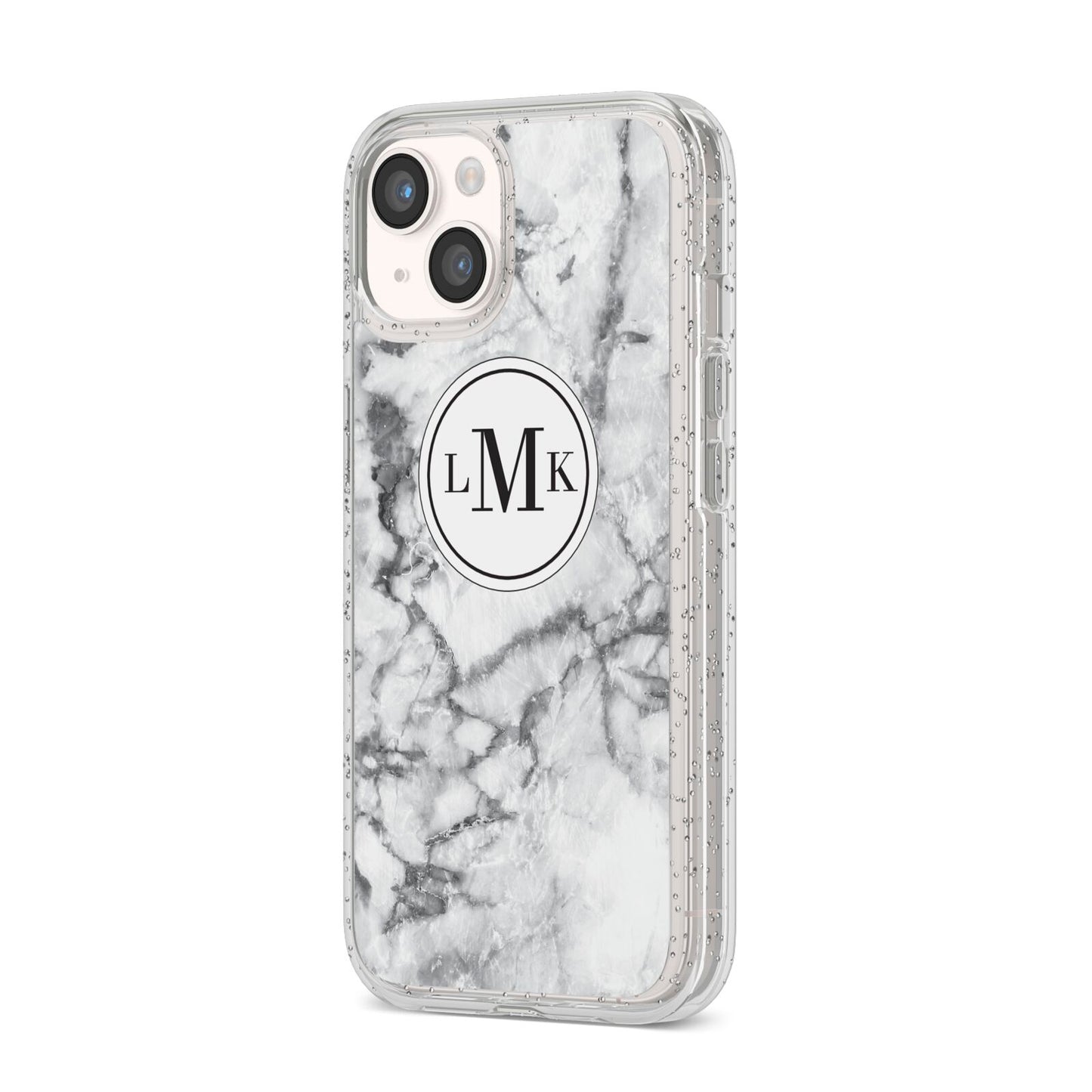 Marble Initials Circle Personalised iPhone 14 Glitter Tough Case Starlight Angled Image