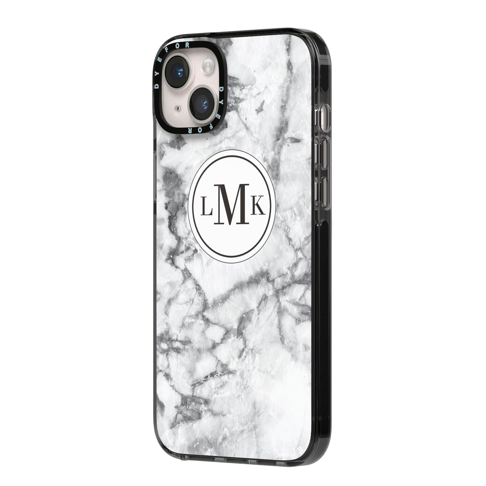 Marble Initials Circle Personalised iPhone 14 Plus Black Impact Case Side Angle on Silver phone