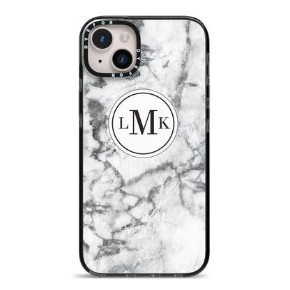 Marble Initials Circle Personalised iPhone 14 Plus Black Impact Case on Silver phone