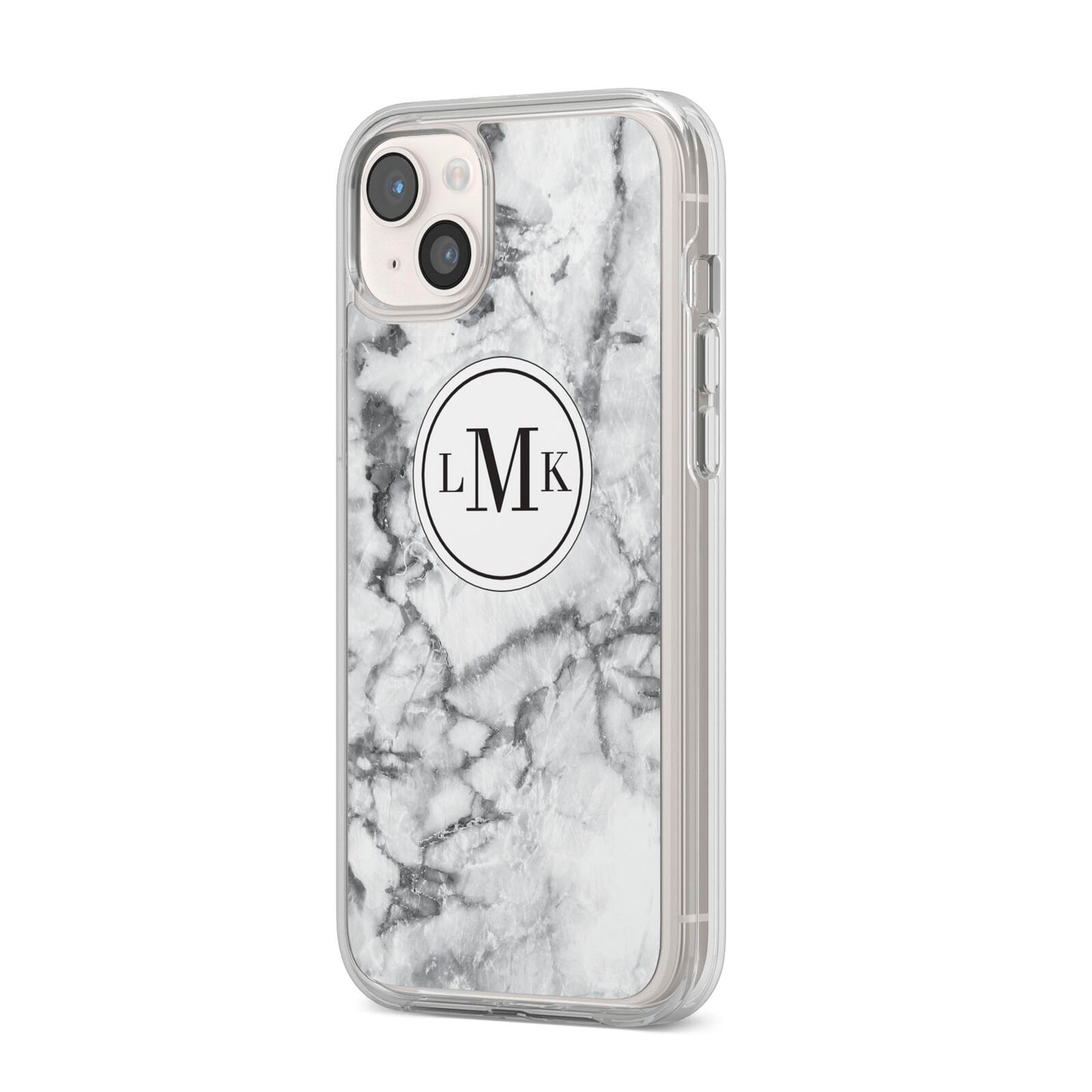 Marble Initials Circle Personalised iPhone 14 Plus Clear Tough Case Starlight Angled Image