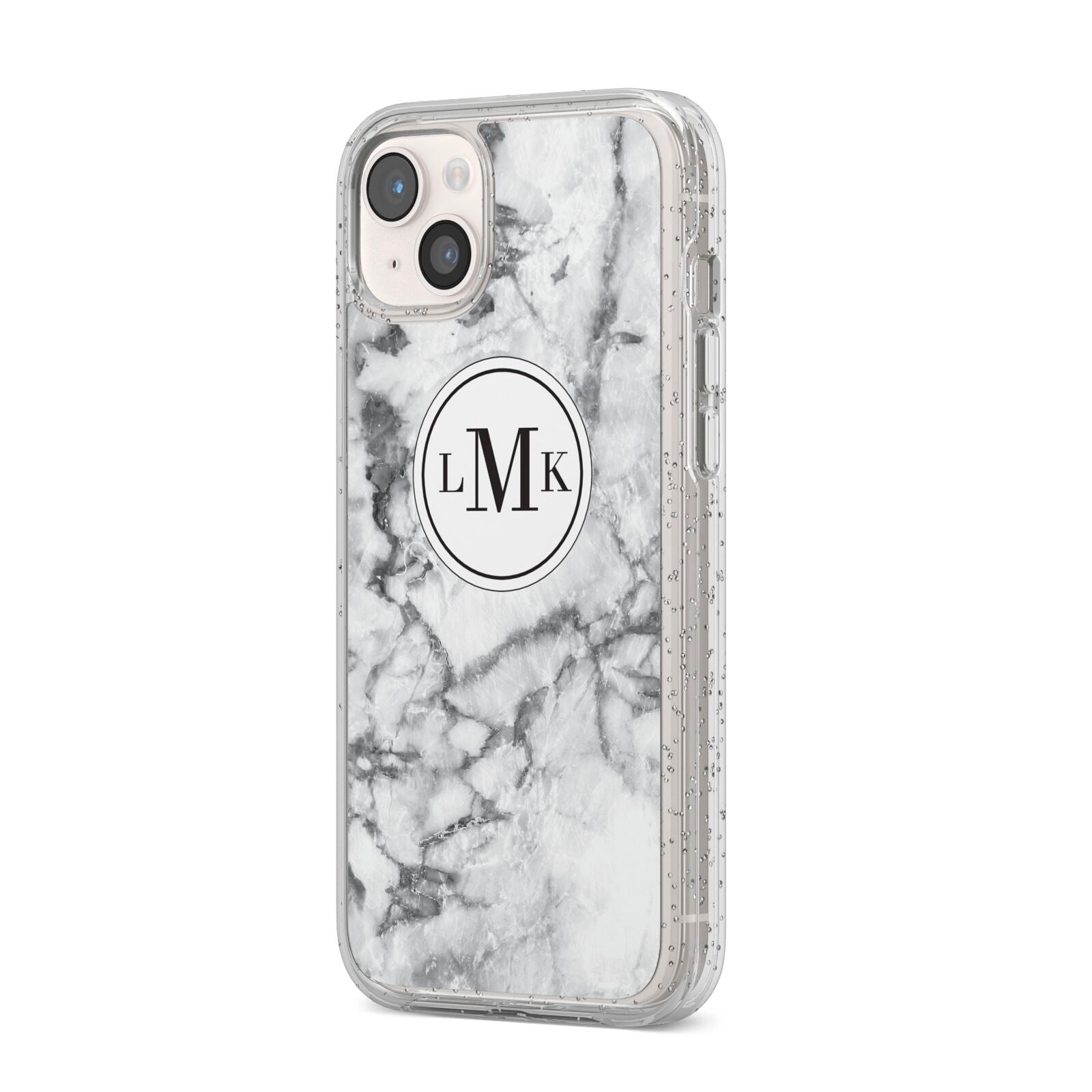Marble Initials Circle Personalised iPhone 14 Plus Glitter Tough Case Starlight Angled Image