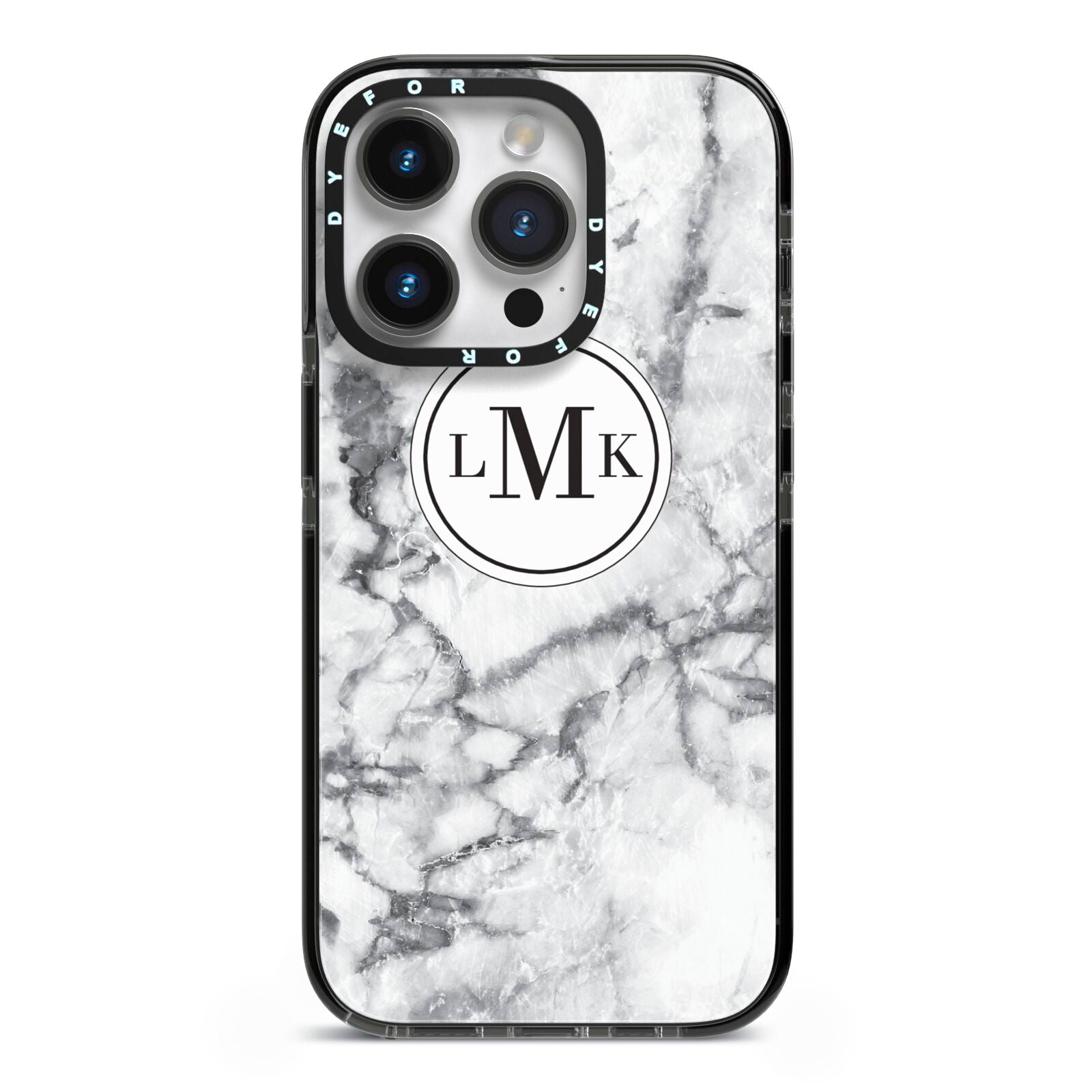 Marble Initials Circle Personalised iPhone 14 Pro Black Impact Case on Silver phone