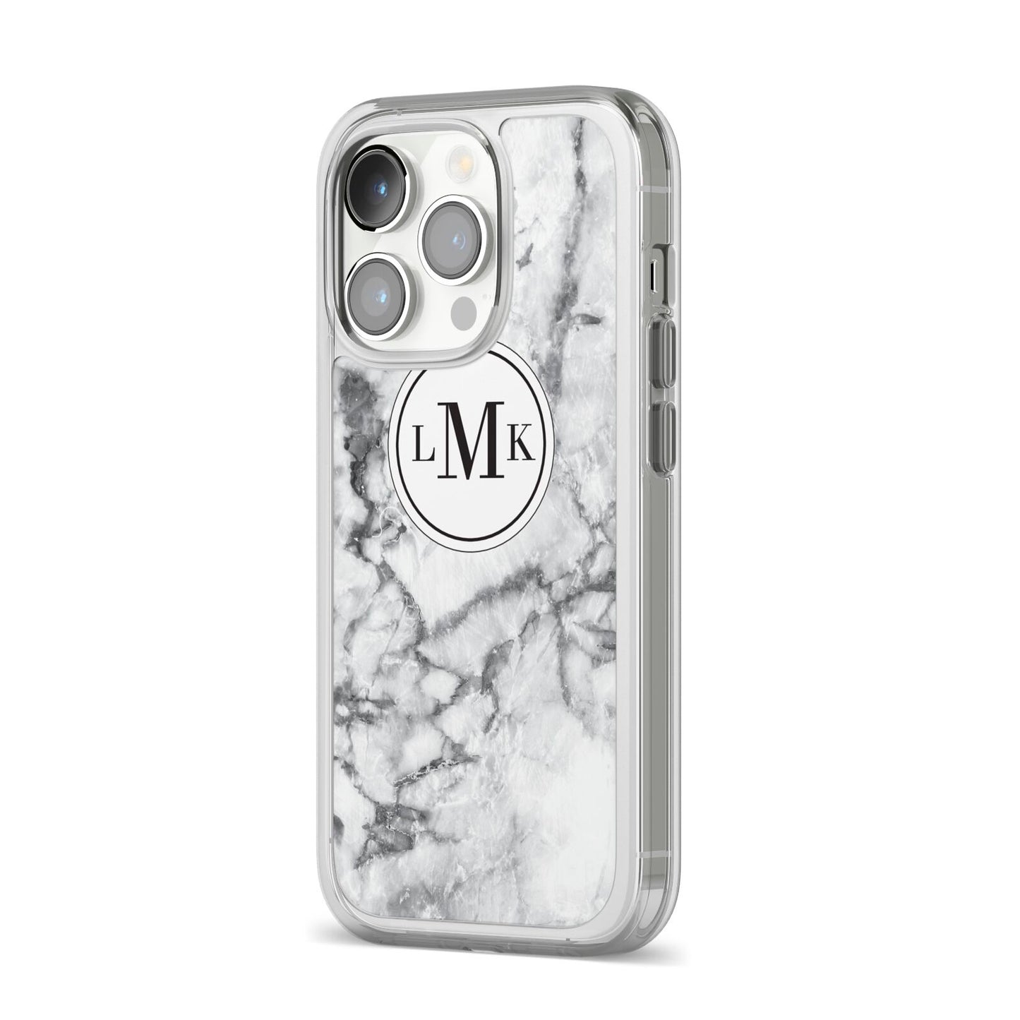 Marble Initials Circle Personalised iPhone 14 Pro Clear Tough Case Silver Angled Image