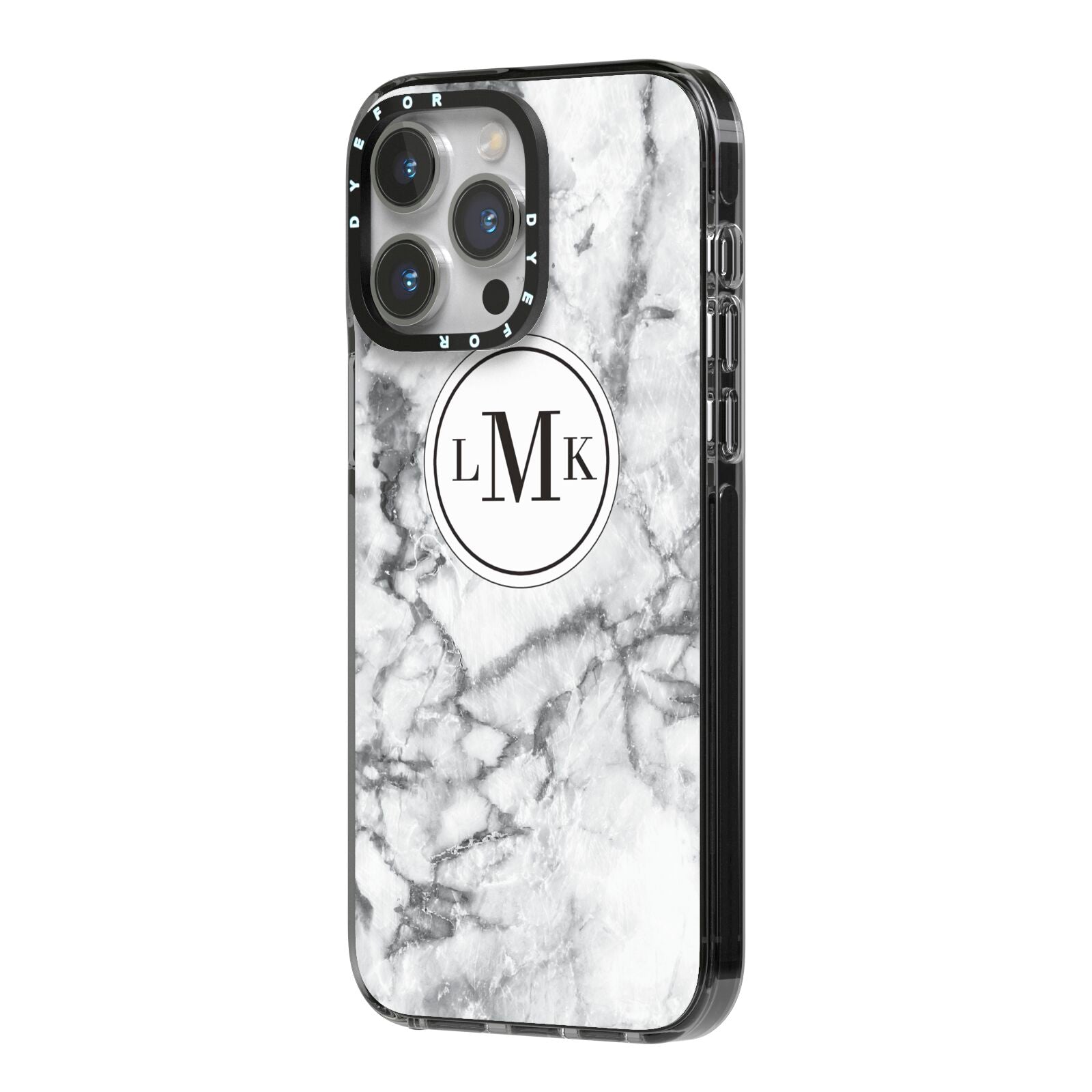 Marble Initials Circle Personalised iPhone 14 Pro Max Black Impact Case Side Angle on Silver phone