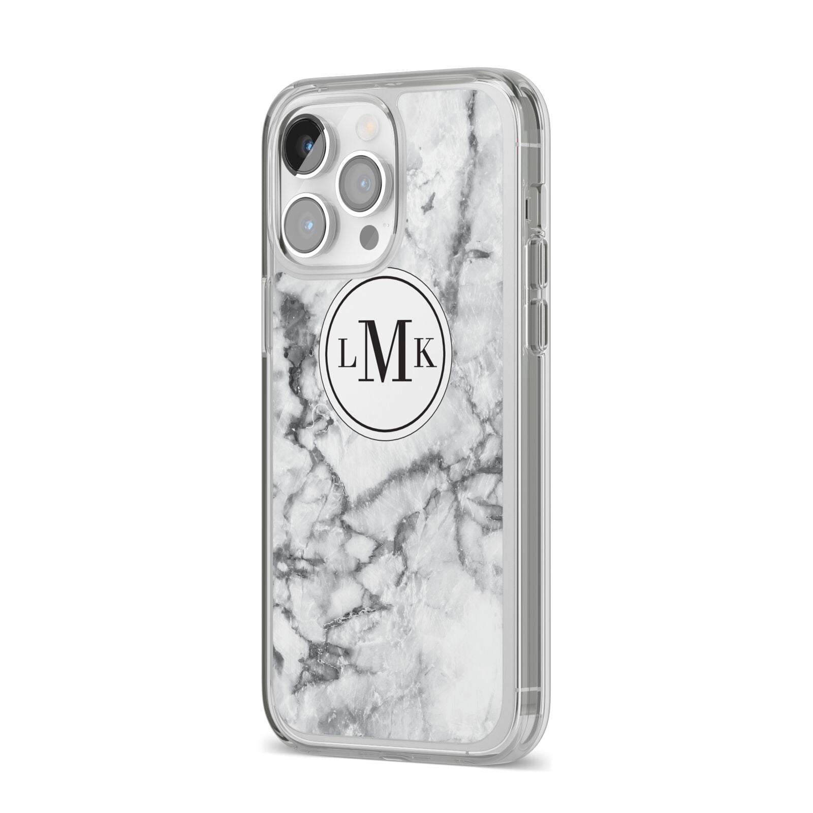 Marble Initials Circle Personalised iPhone 14 Pro Max Clear Tough Case Silver Angled Image