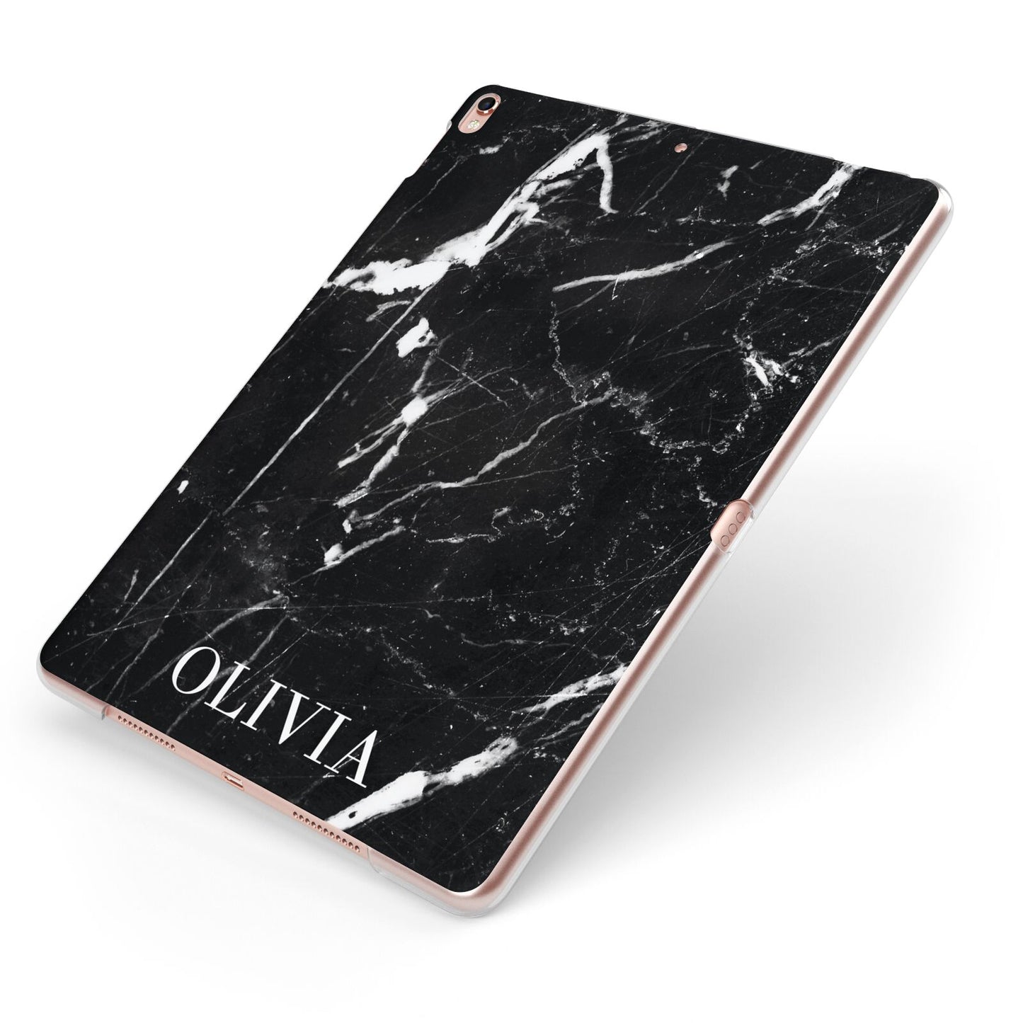 Marble Name Personalised Apple iPad Case on Rose Gold iPad Side View