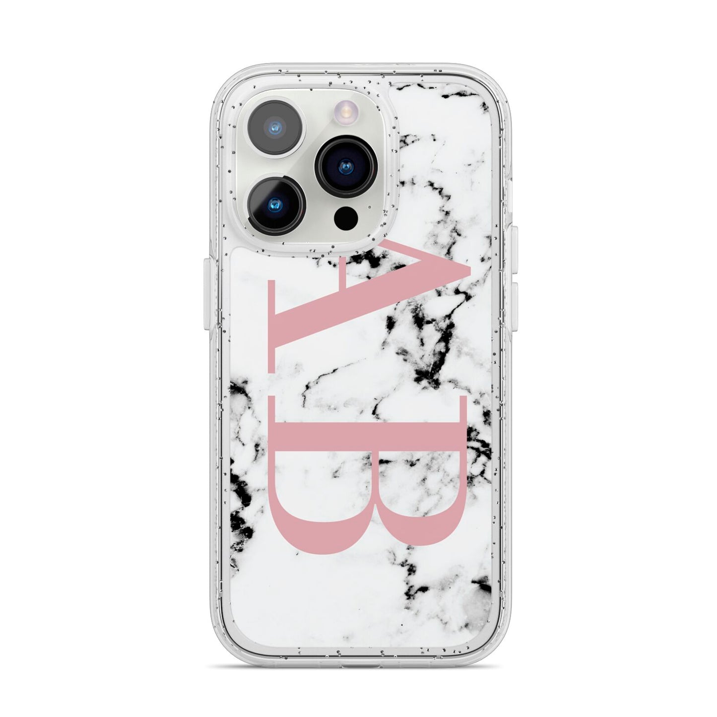 Marble Pattern Pink Initials Personalised iPhone 14 Pro Glitter Tough Case Silver