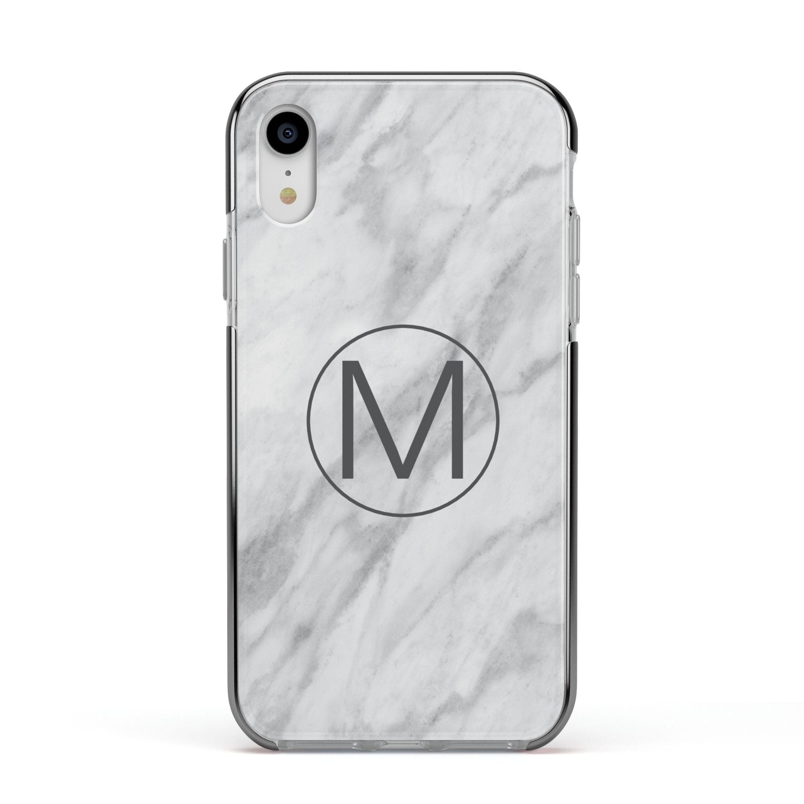 Marble Personalised Initial Apple iPhone XR Impact Case Black Edge on Silver Phone