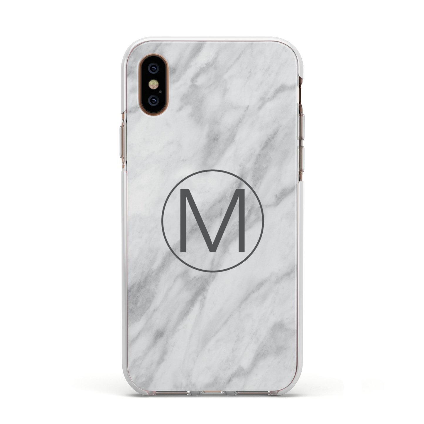 Marble Personalised Initial Apple iPhone Xs Impact Case White Edge on Gold Phone