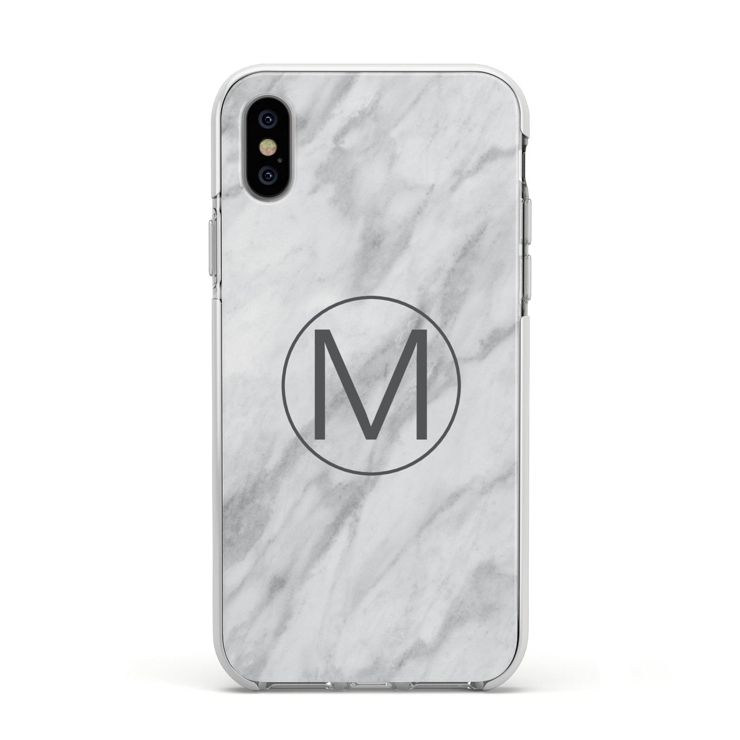 Marble Personalised Initial Apple iPhone Xs Impact Case White Edge on Silver Phone