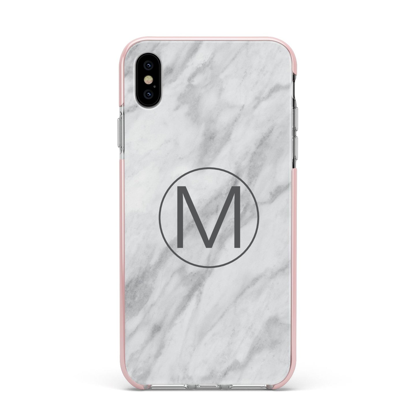 Marble Personalised Initial Apple iPhone Xs Max Impact Case Pink Edge on Silver Phone