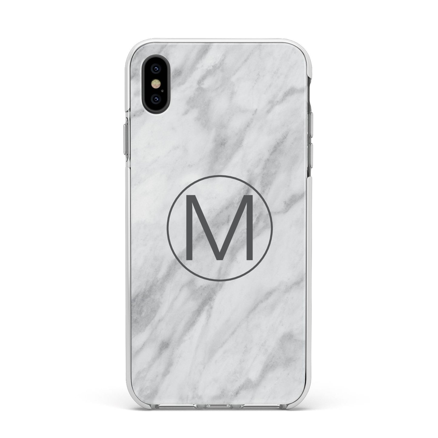 Marble Personalised Initial Apple iPhone Xs Max Impact Case White Edge on Black Phone