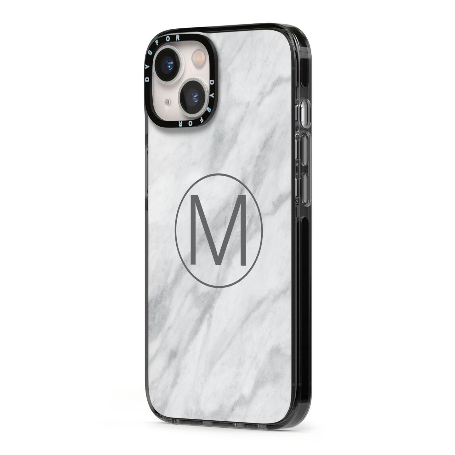 Marble Personalised Initial iPhone 13 Black Impact Case Side Angle on Silver phone