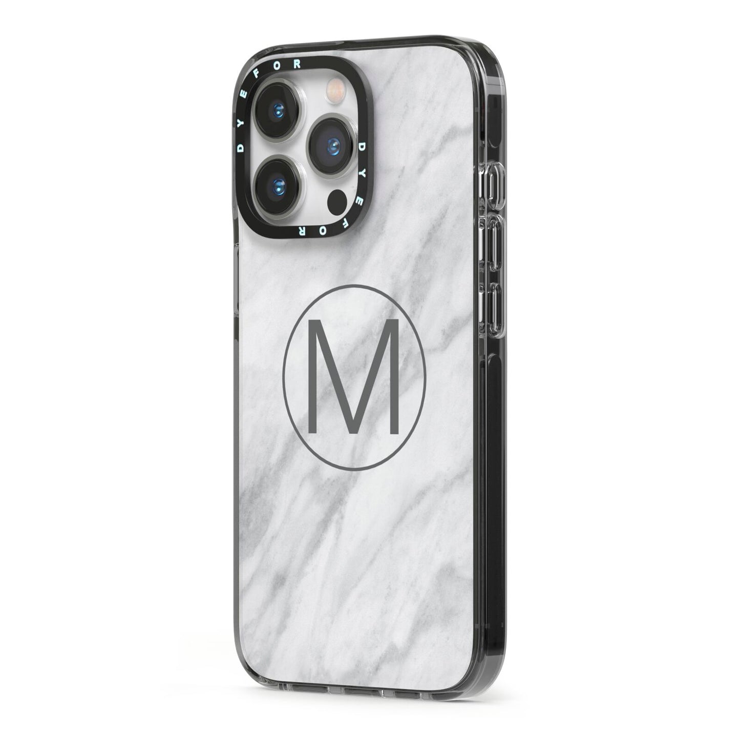 Marble Personalised Initial iPhone 13 Pro Black Impact Case Side Angle on Silver phone