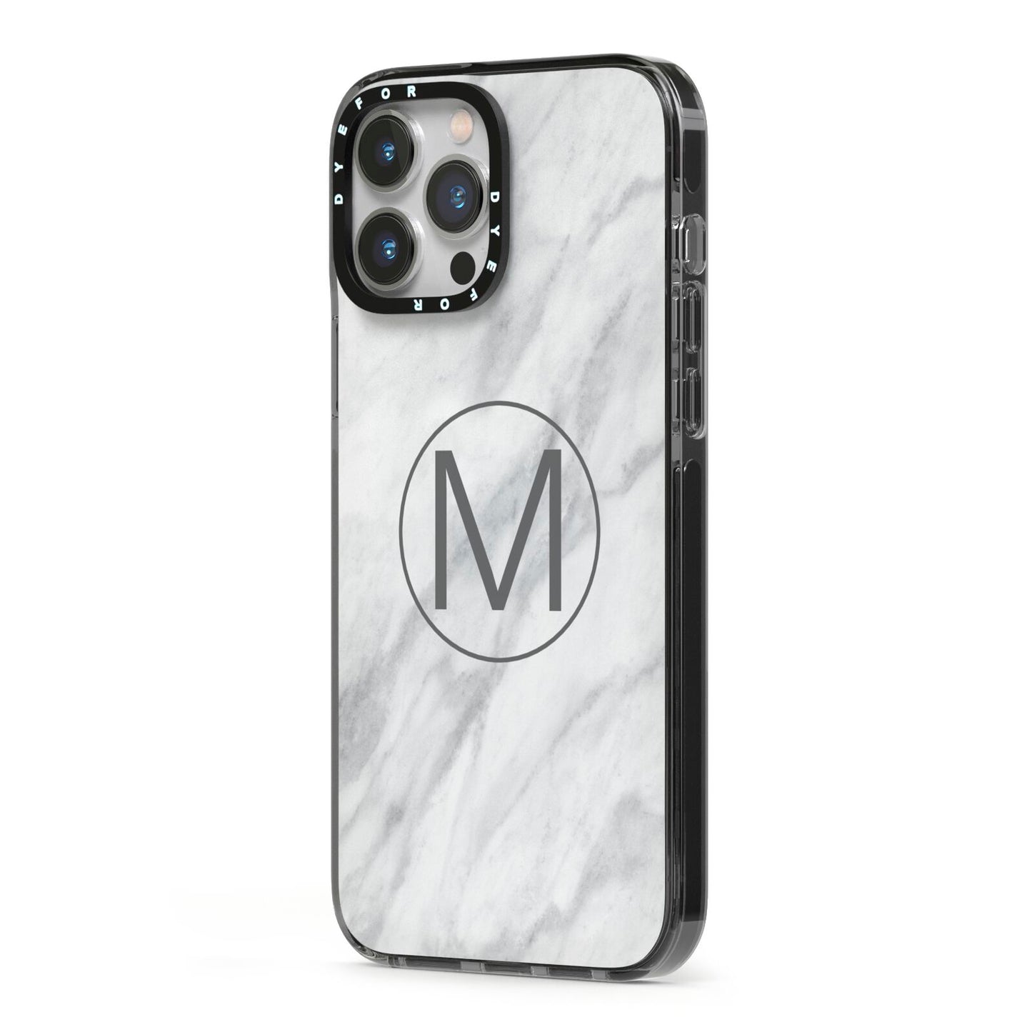 Marble Personalised Initial iPhone 13 Pro Max Black Impact Case Side Angle on Silver phone