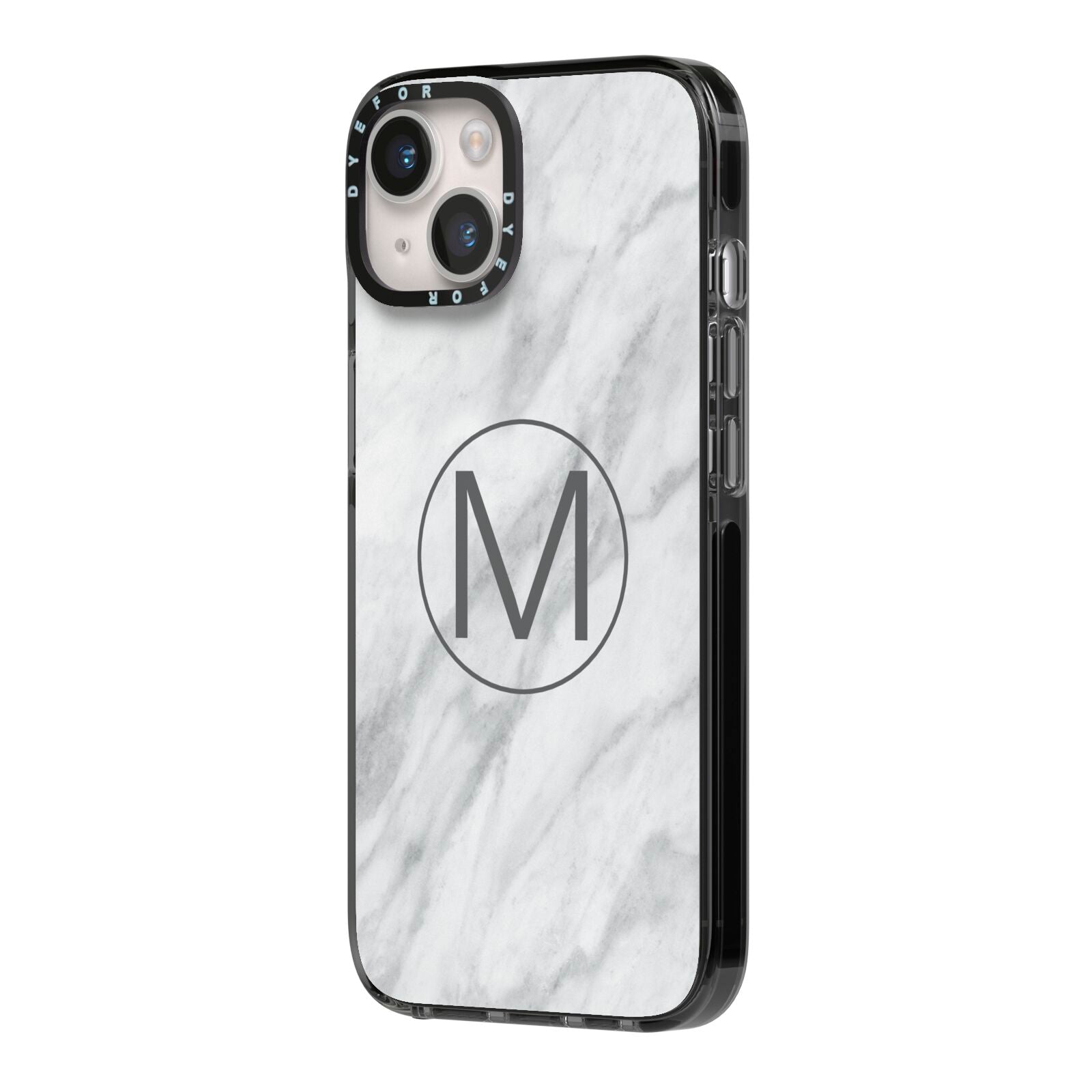 Marble Personalised Initial iPhone 14 Black Impact Case Side Angle on Silver phone