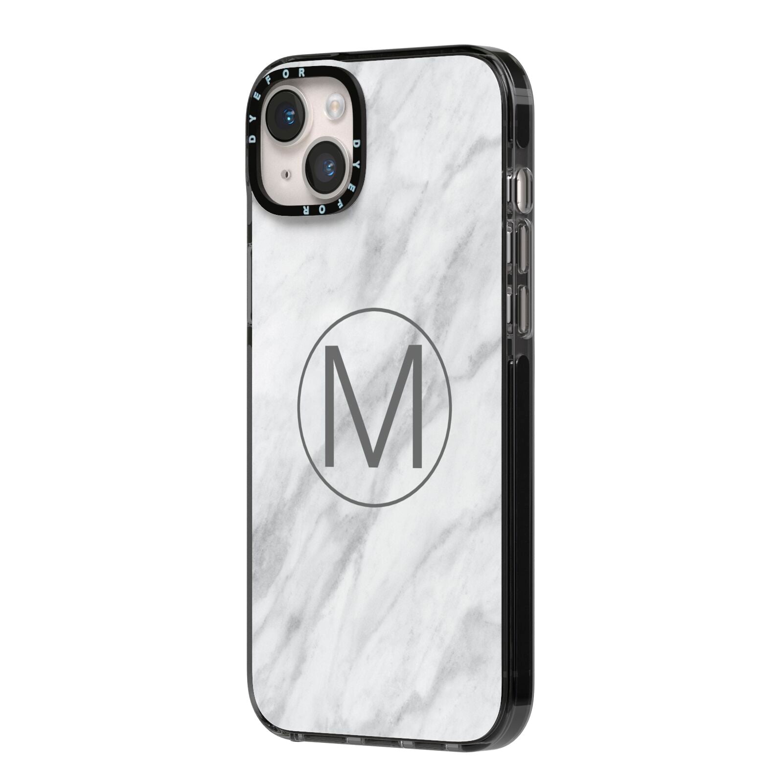 Marble Personalised Initial iPhone 14 Plus Black Impact Case Side Angle on Silver phone