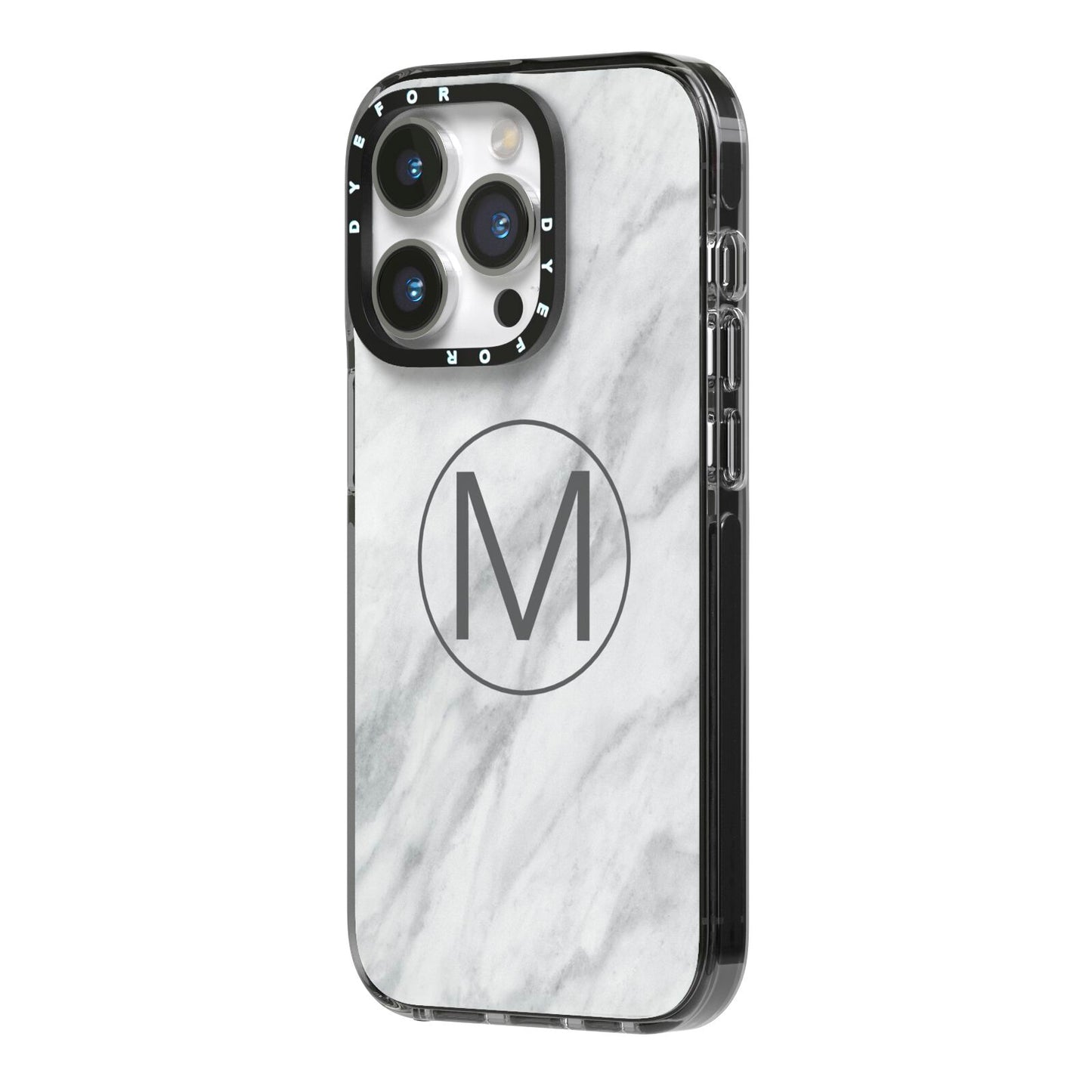 Marble Personalised Initial iPhone 14 Pro Black Impact Case Side Angle on Silver phone