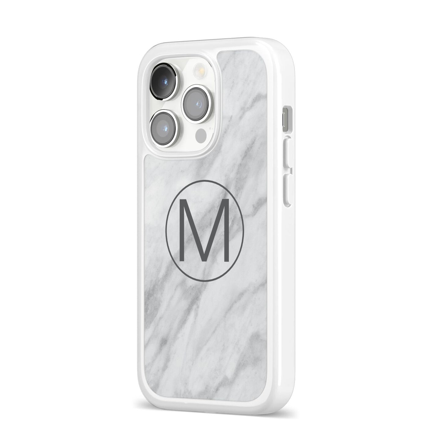 Marble Personalised Initial iPhone 14 Pro Clear Tough Case Silver Angled Image