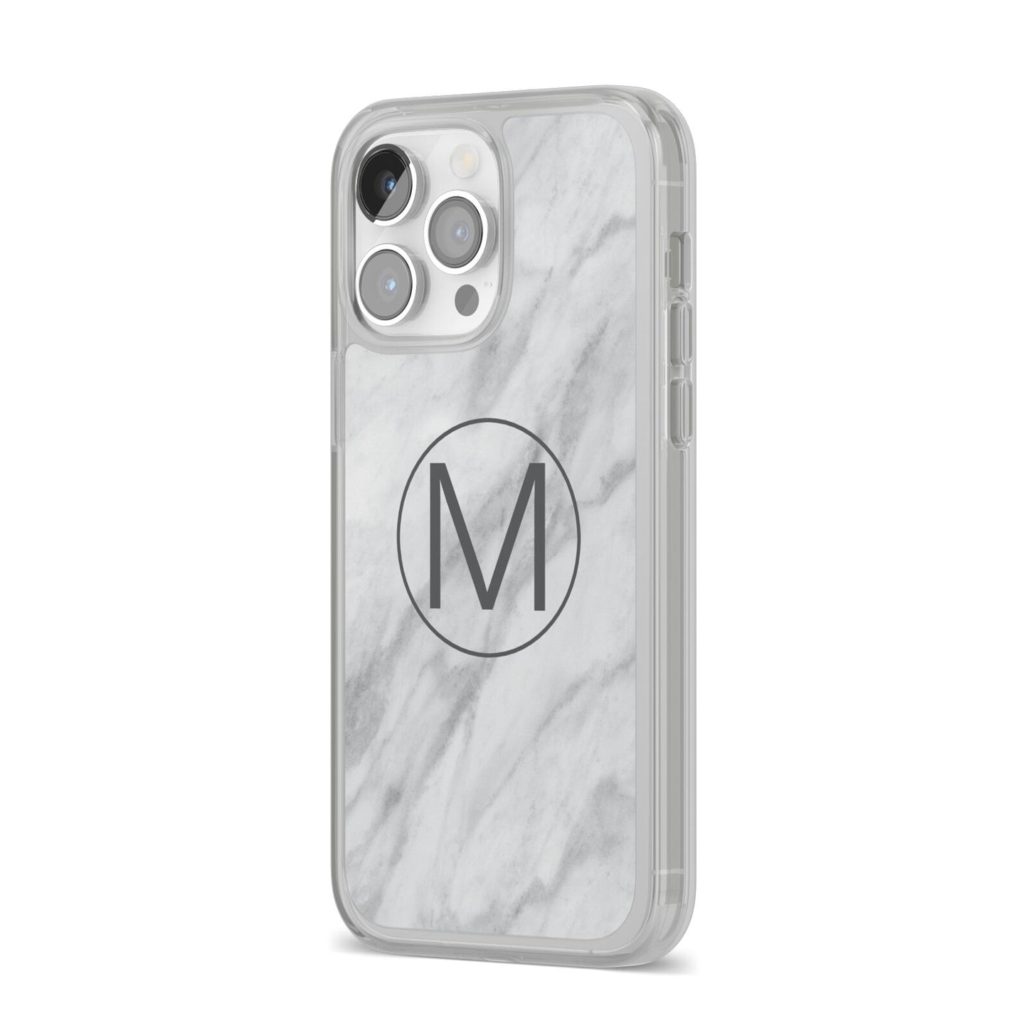 Marble Personalised Initial iPhone 14 Pro Max Clear Tough Case Silver Angled Image