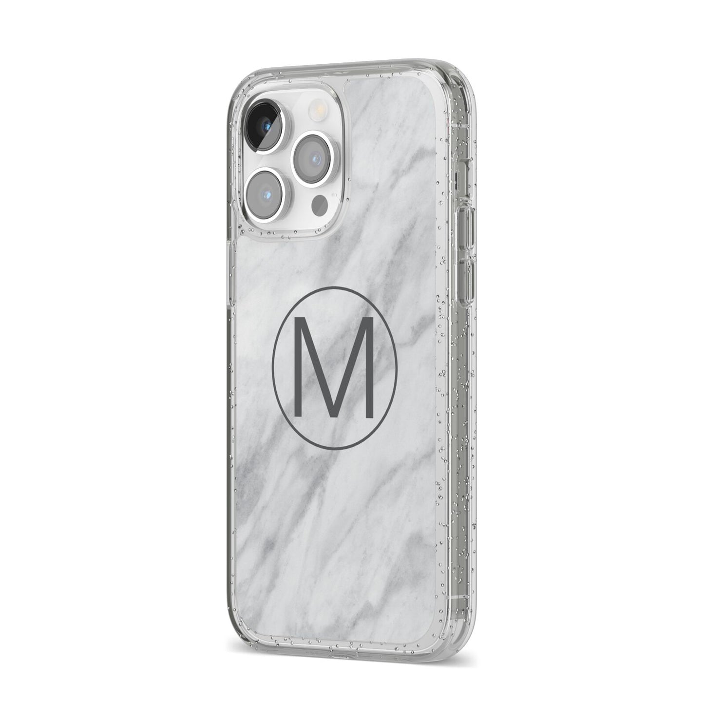 Marble Personalised Initial iPhone 14 Pro Max Glitter Tough Case Silver Angled Image