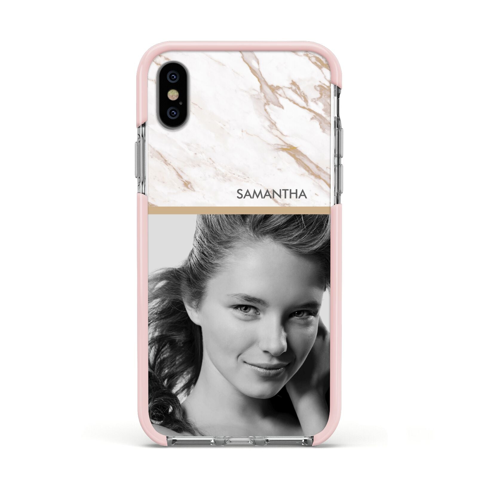 Marble Photo Apple iPhone Xs Impact Case Pink Edge on Silver Phone