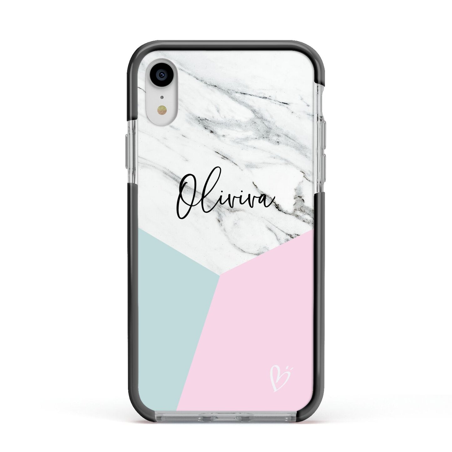 Marble Pink Geometric Personalised Apple iPhone XR Impact Case Black Edge on Silver Phone