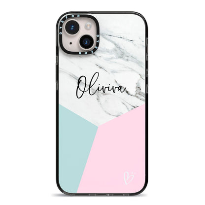 Marble Pink Geometric Personalised iPhone 14 Plus Black Impact Case on Silver phone