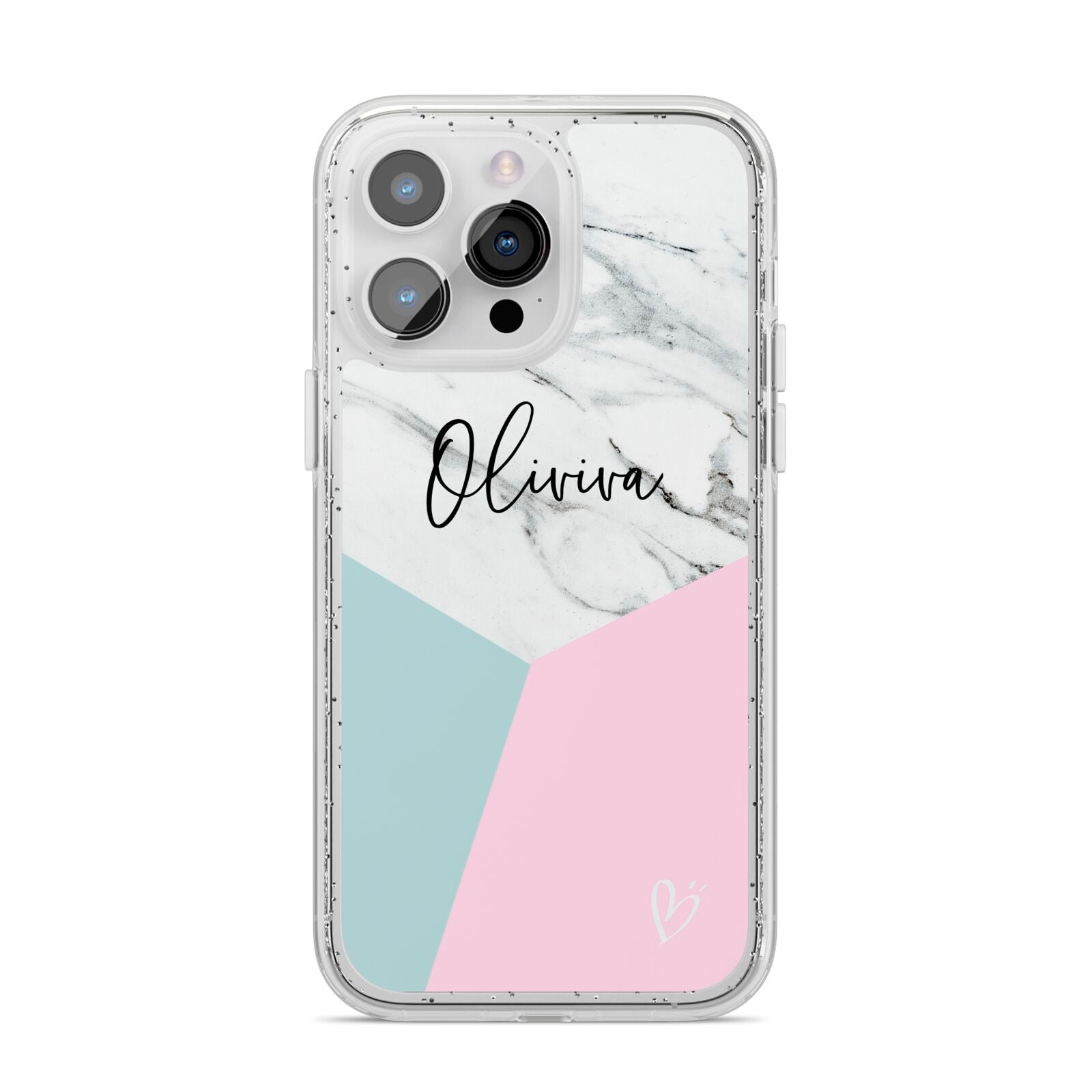 Marble Pink Geometric Personalised iPhone 14 Pro Max Glitter Tough Case Silver