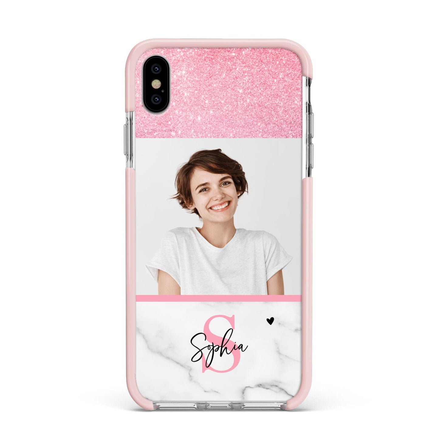 Marble Pink Glitter Photo Custom Apple iPhone Xs Max Impact Case Pink Edge on Silver Phone