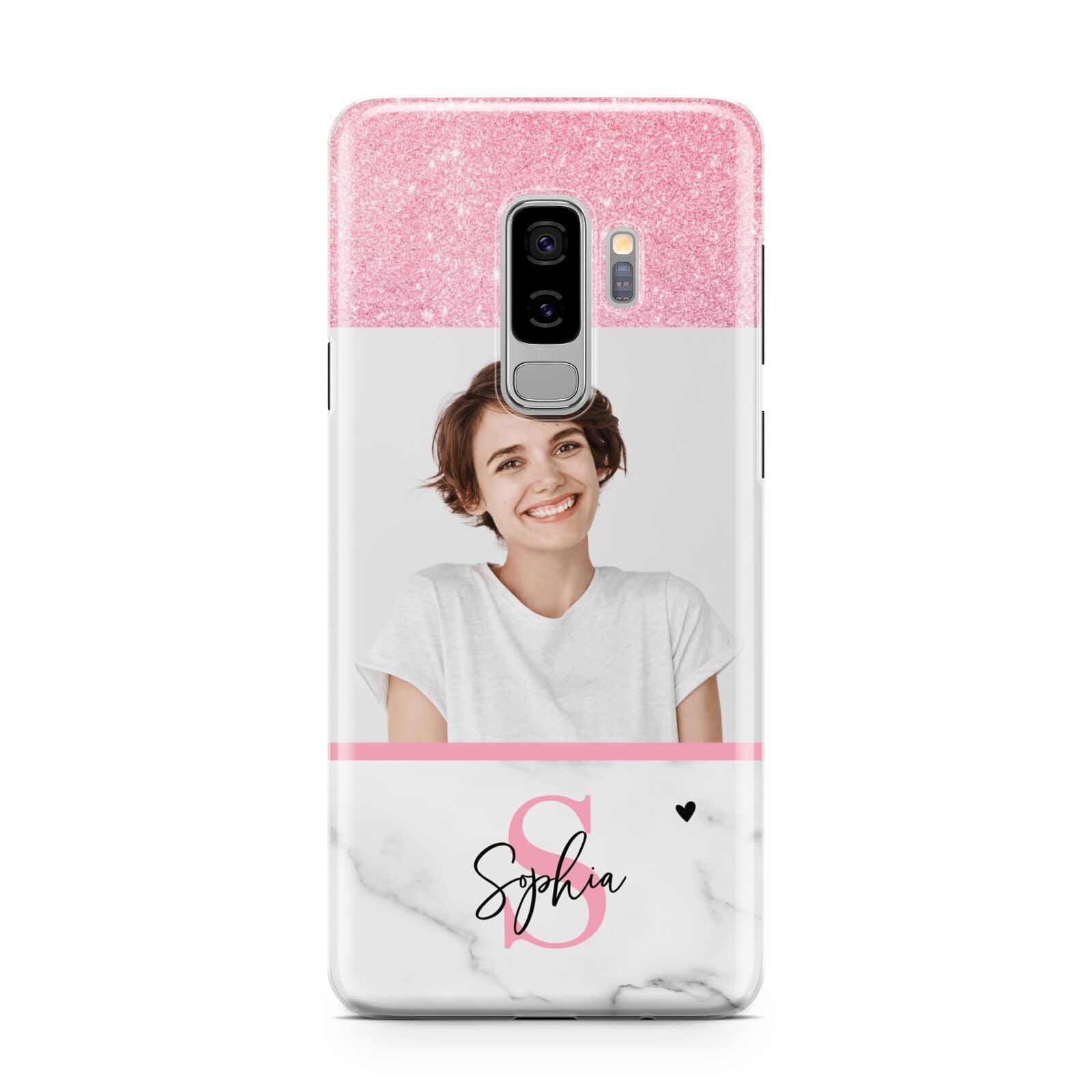 Marble Pink Glitter Photo Custom Samsung Galaxy S9 Plus Case on Silver phone