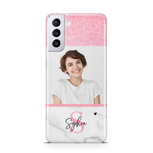 Marble Pink Glitter Photo Custom Samsung S21 Plus Phone Case