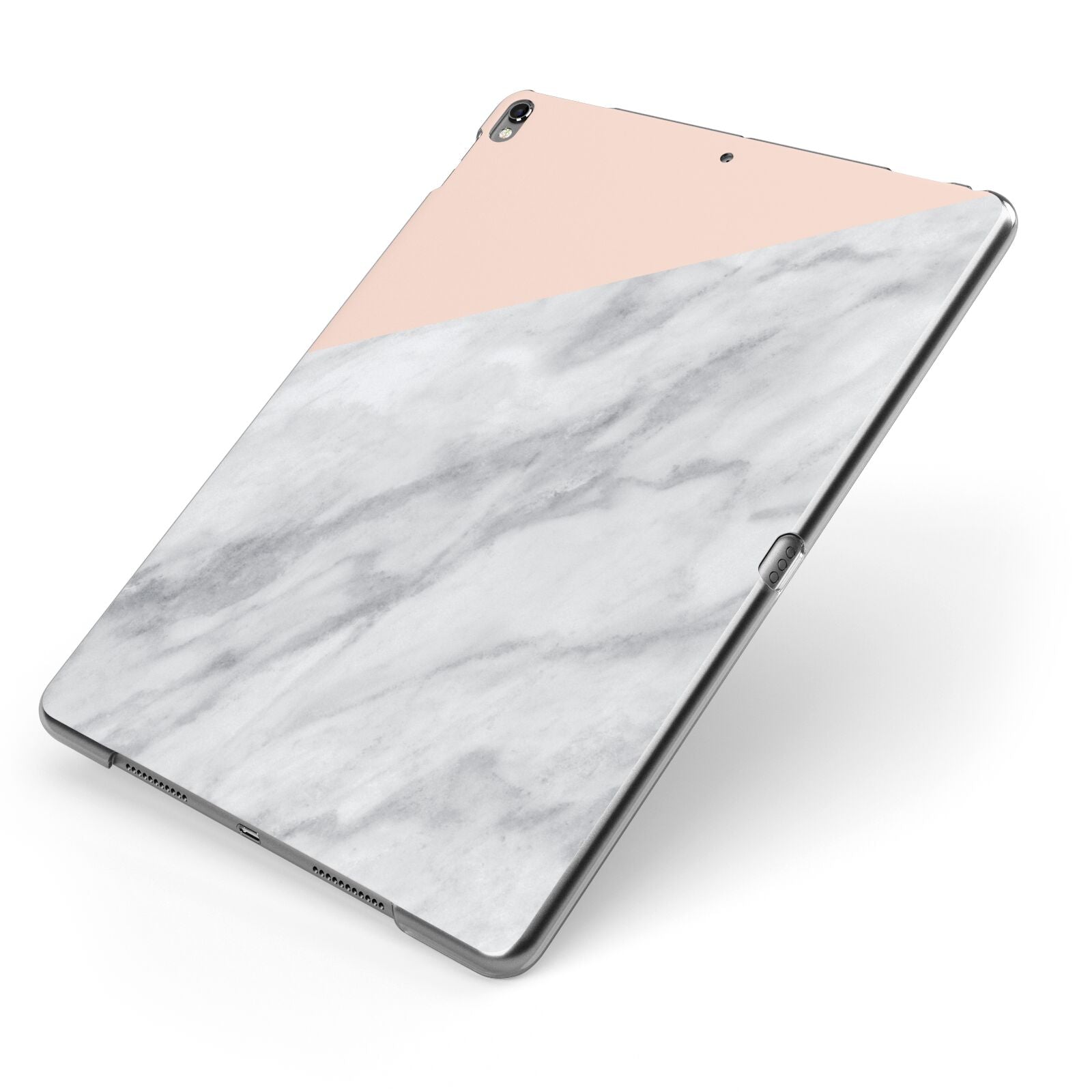 Marble Pink White Grey Apple iPad Case on Grey iPad Side View