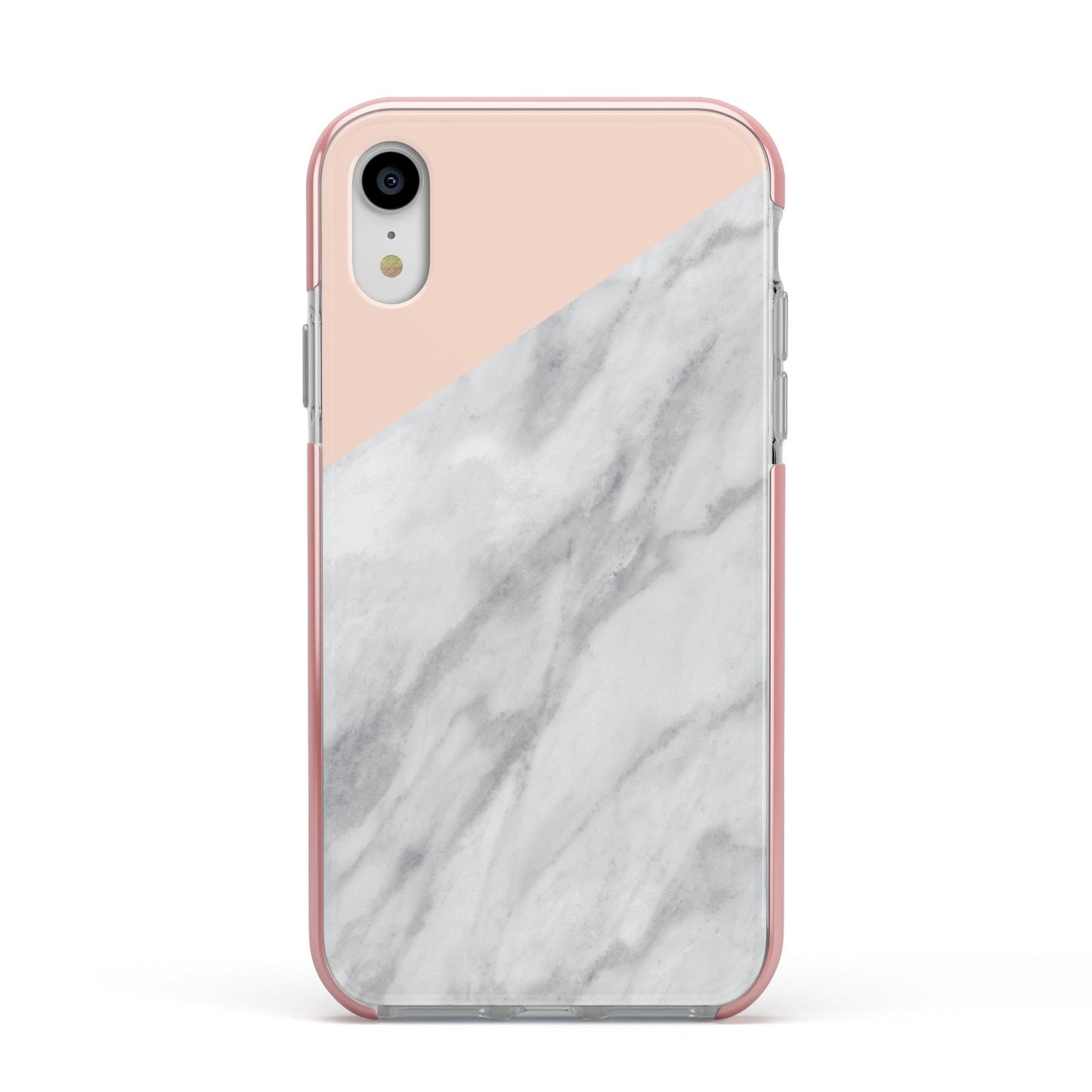 Marble Pink White Grey Apple iPhone XR Impact Case Pink Edge on Silver Phone