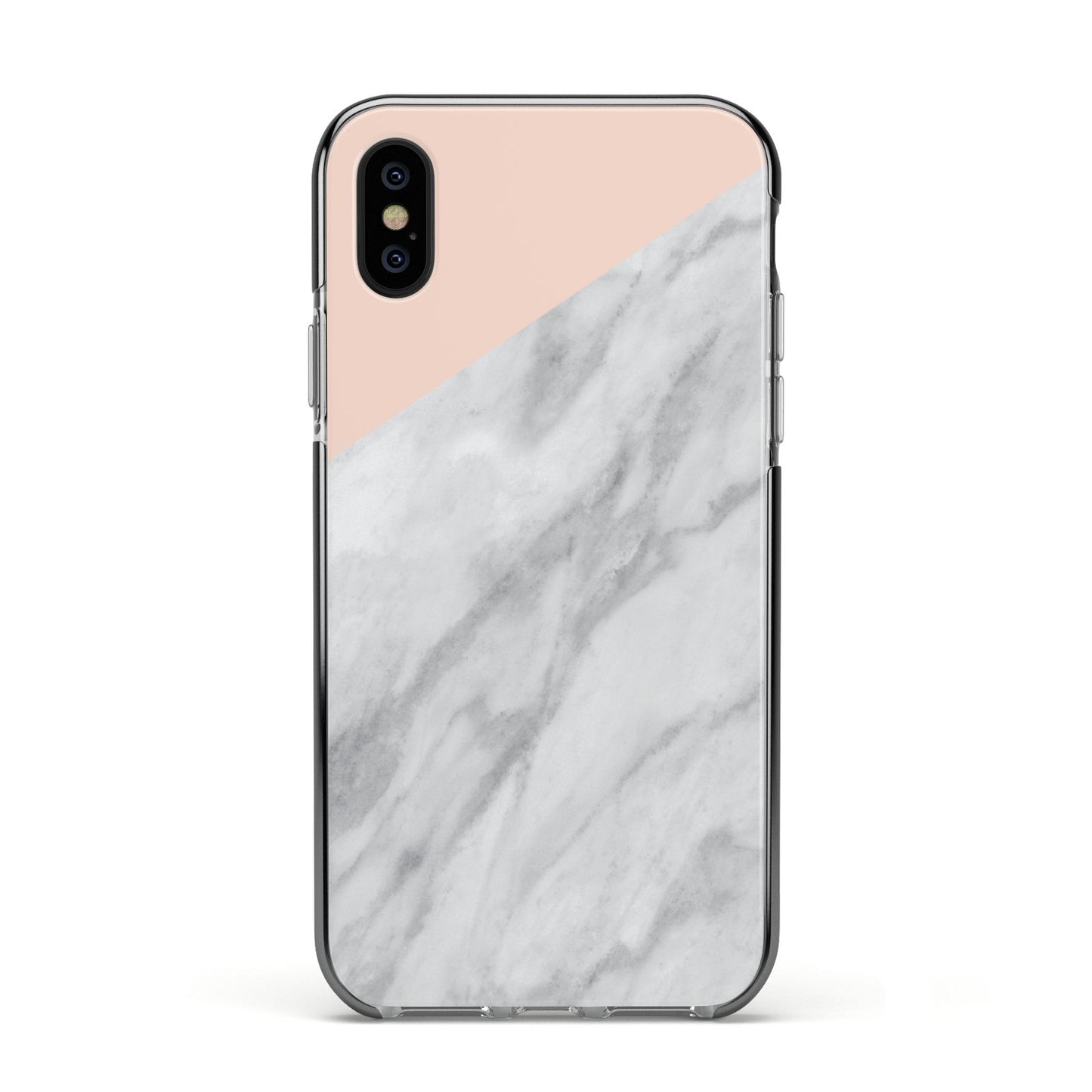 Marble Pink White Grey Apple iPhone Xs Impact Case Black Edge on Black Phone