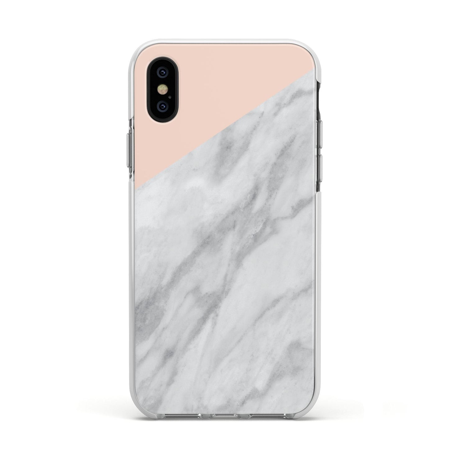 Marble Pink White Grey Apple iPhone Xs Impact Case White Edge on Black Phone