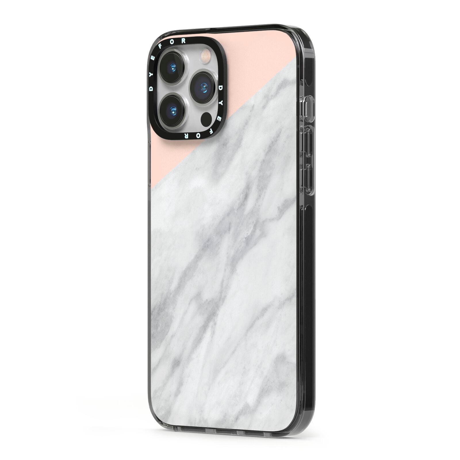 Marble Pink White Grey iPhone 13 Pro Max Black Impact Case Side Angle on Silver phone