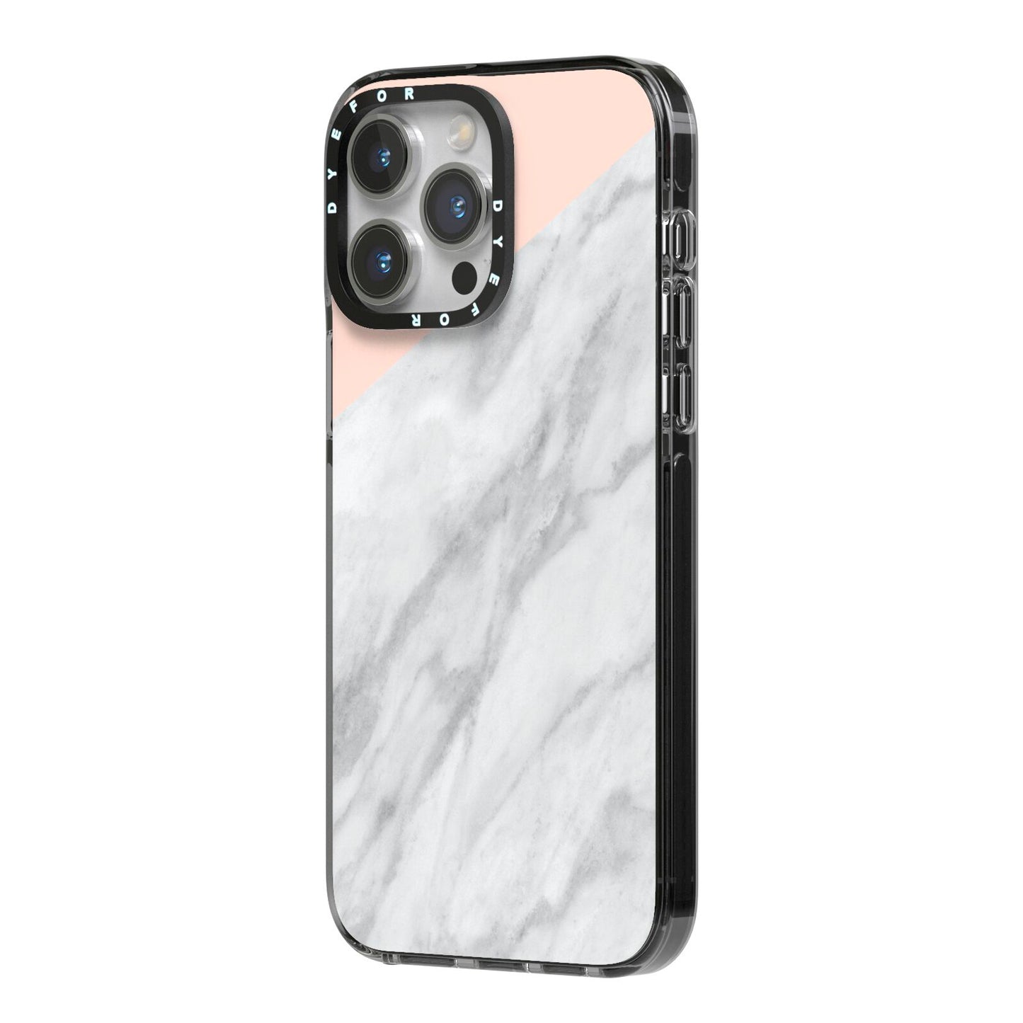 Marble Pink White Grey iPhone 14 Pro Max Black Impact Case Side Angle on Silver phone