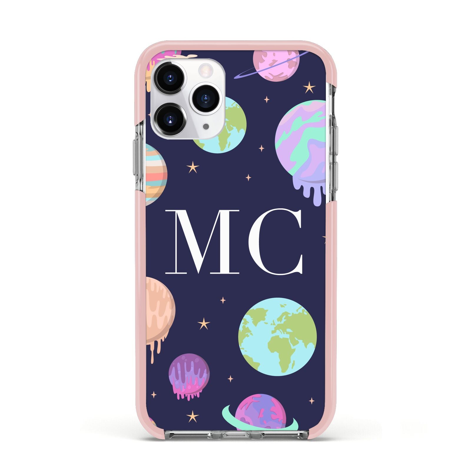 Marble Planets Personalised Initials Apple iPhone 11 Pro in Silver with Pink Impact Case