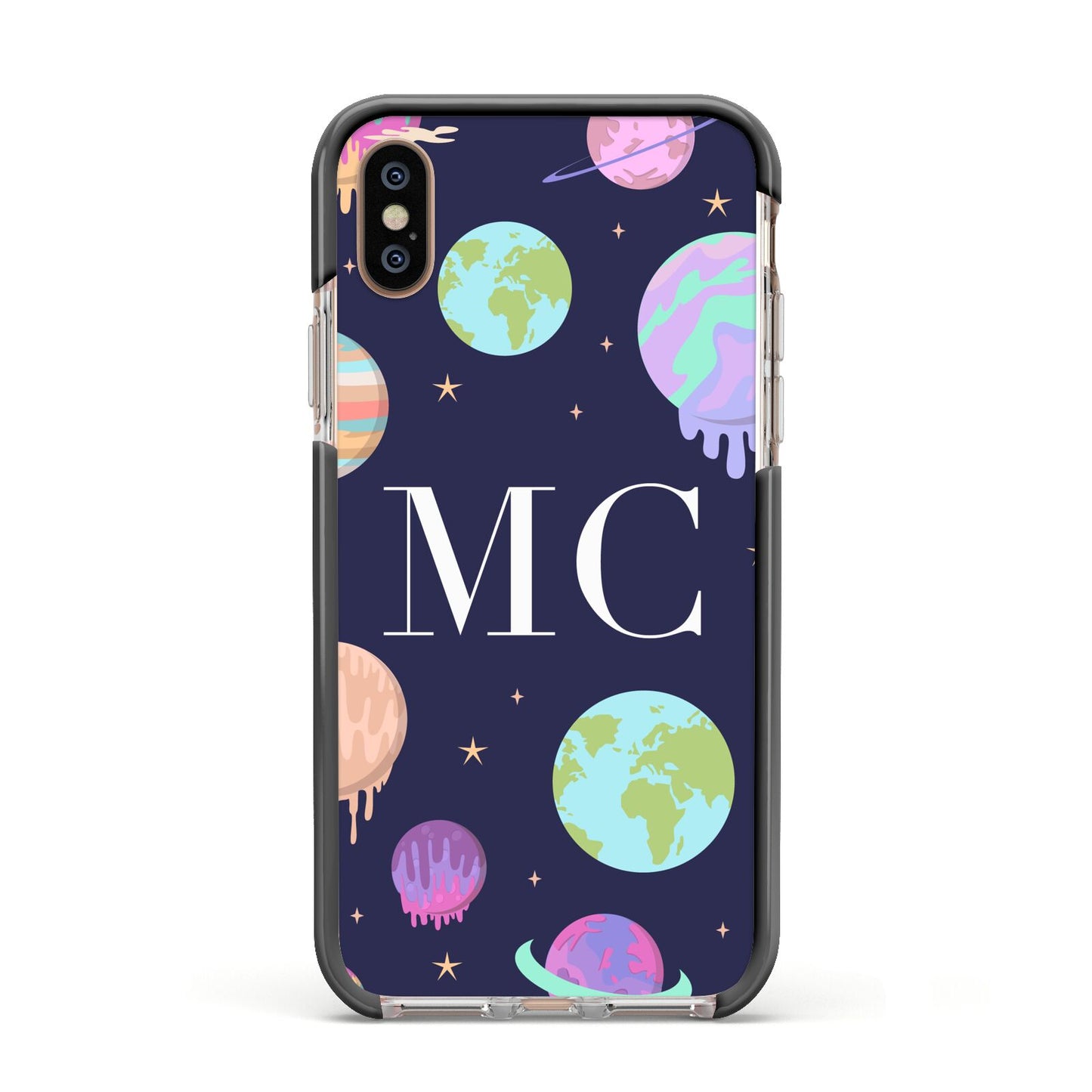 Marble Planets Personalised Initials Apple iPhone Xs Impact Case Black Edge on Gold Phone