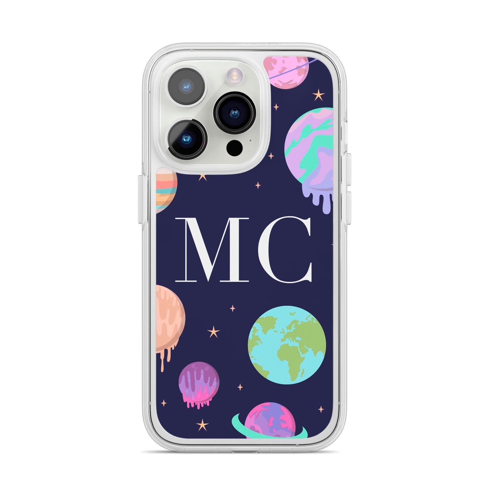 Marble Planets Personalised Initials iPhone 14 Pro Clear Tough Case Silver