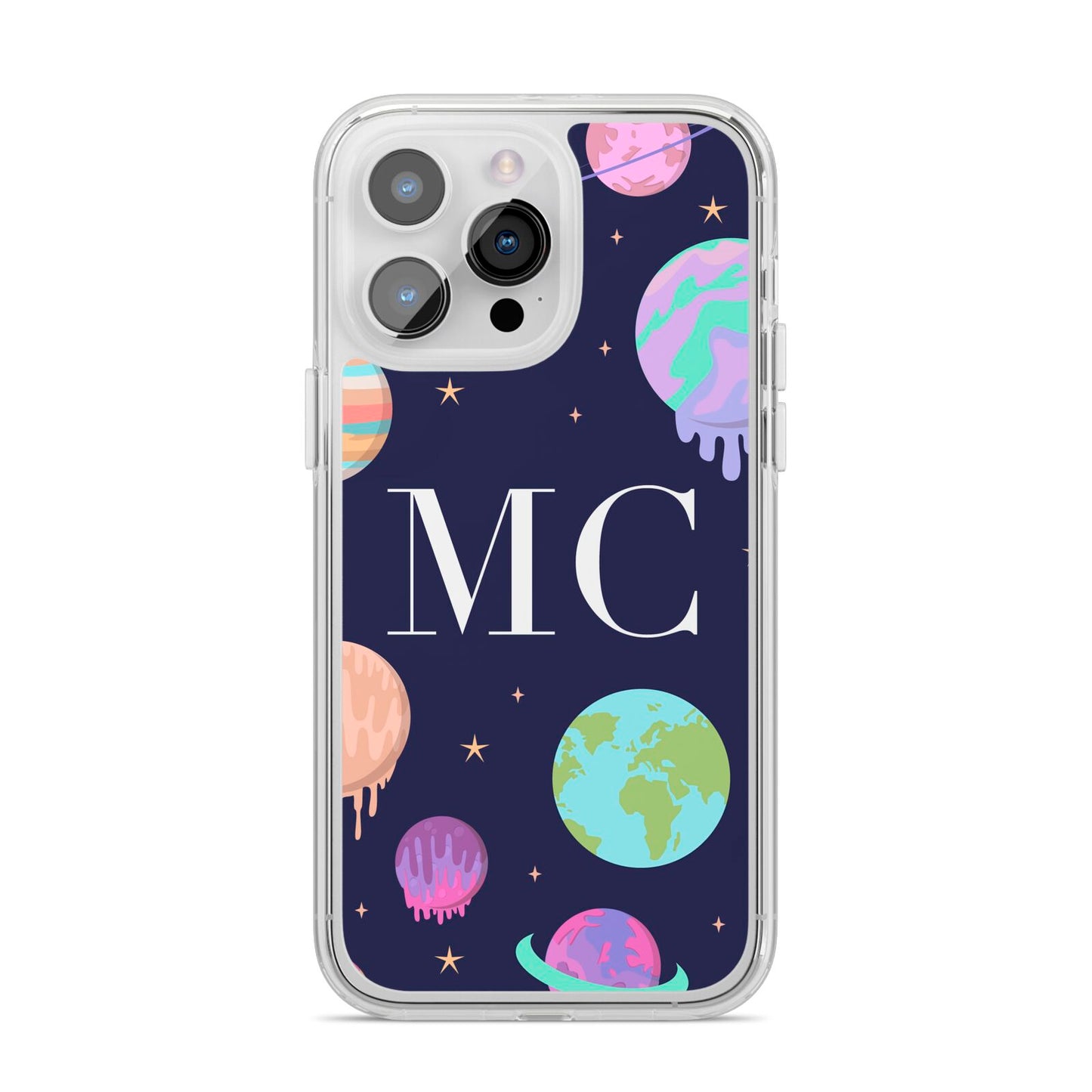 Marble Planets Personalised Initials iPhone 14 Pro Max Clear Tough Case Silver