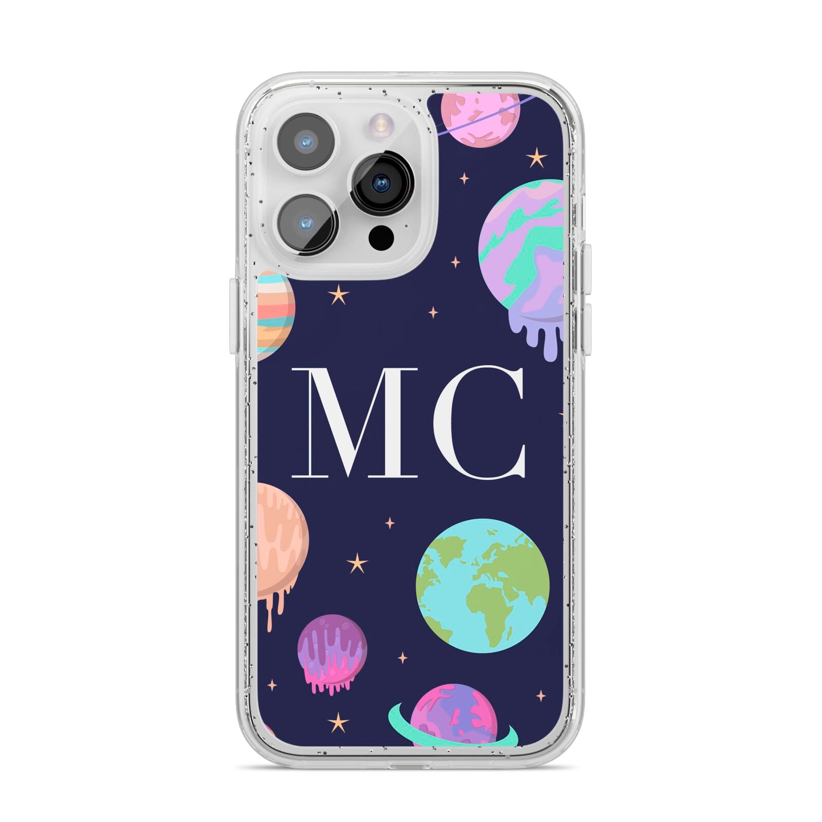 Marble Planets Personalised Initials iPhone 14 Pro Max Glitter Tough Case Silver