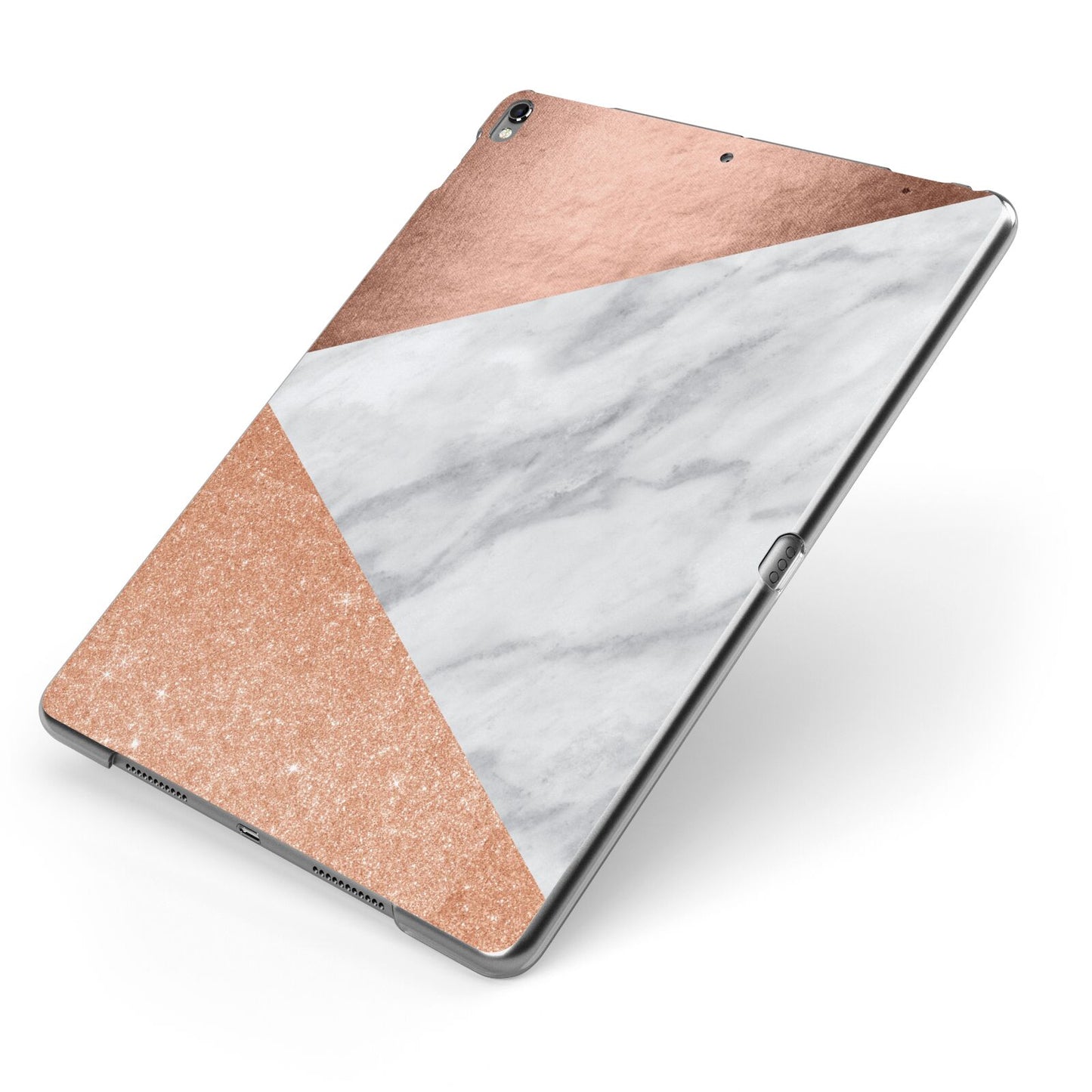 Marble Rose Gold Apple iPad Case on Grey iPad Side View