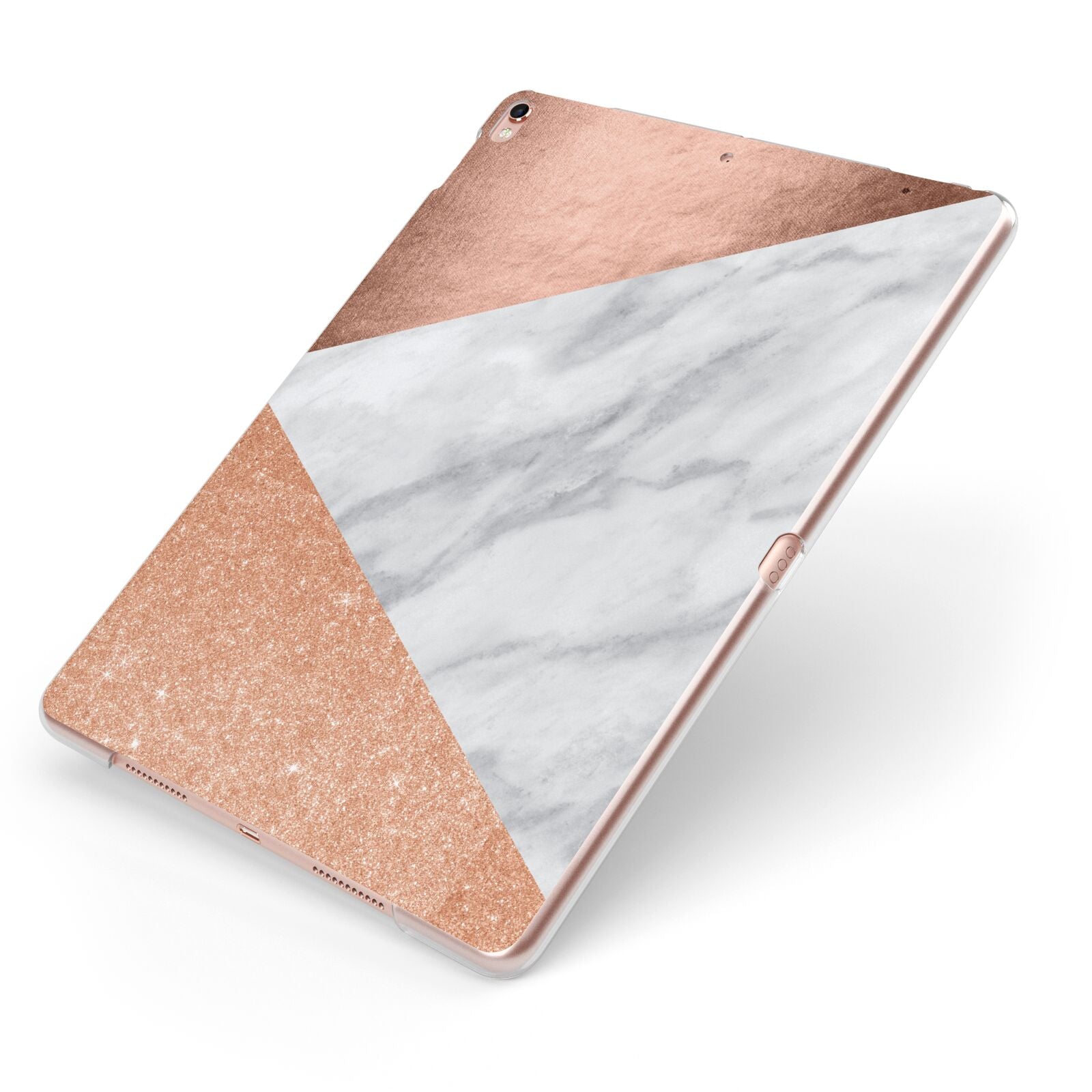 Marble Rose Gold Apple iPad Case on Rose Gold iPad Side View